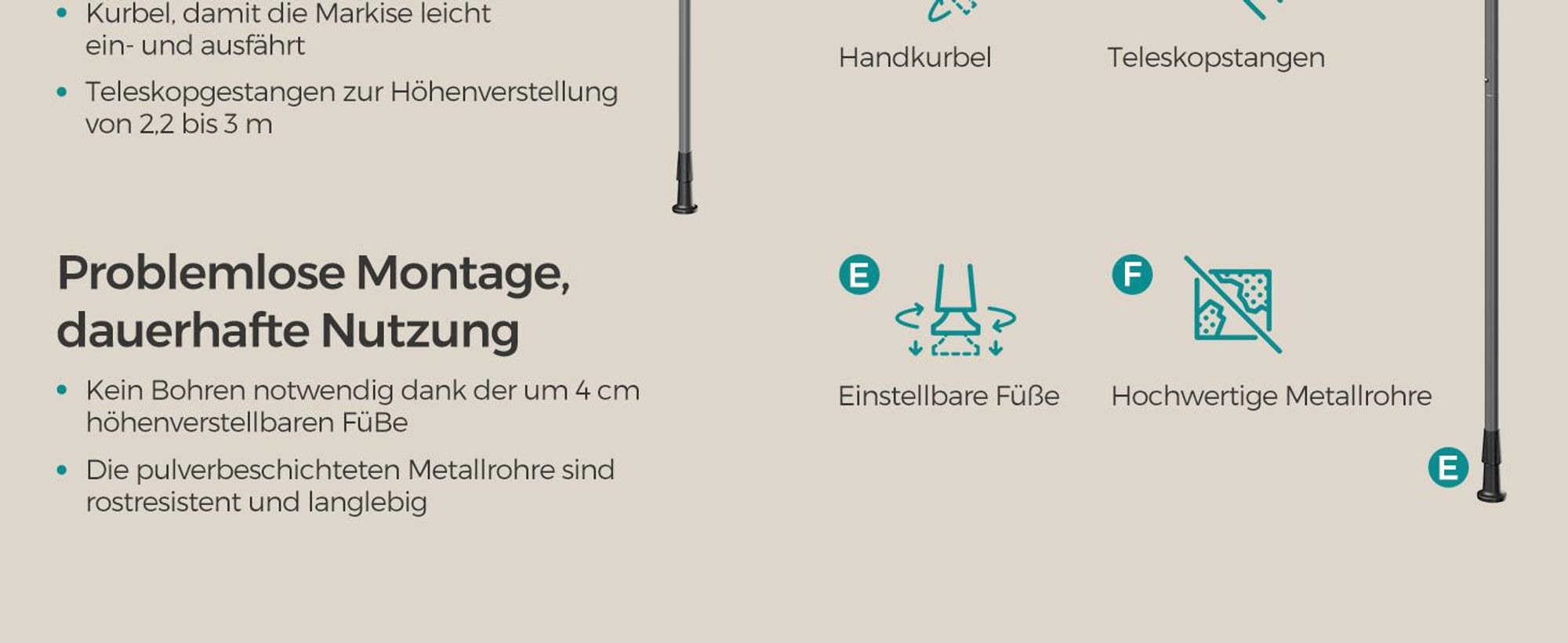 SONGMICS Klemmmarkise, Balkonmarkise, höhenverstellbar, mit Handkurbel