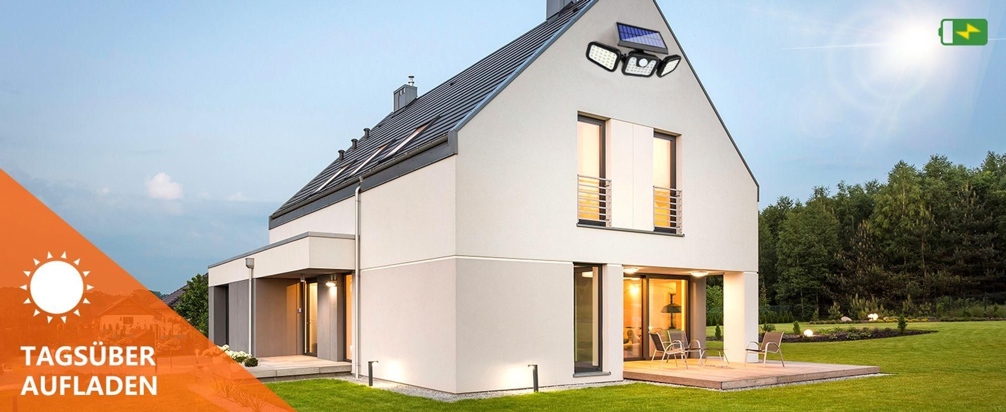 Solarleuchten Außen mit Bewegungsmelder, 74 LED Solar Strahler Außen, 360° Drehbar, 3 Modi Wandleuchte, 2400mAh Solar Außenleuchte, LED Solarlampen