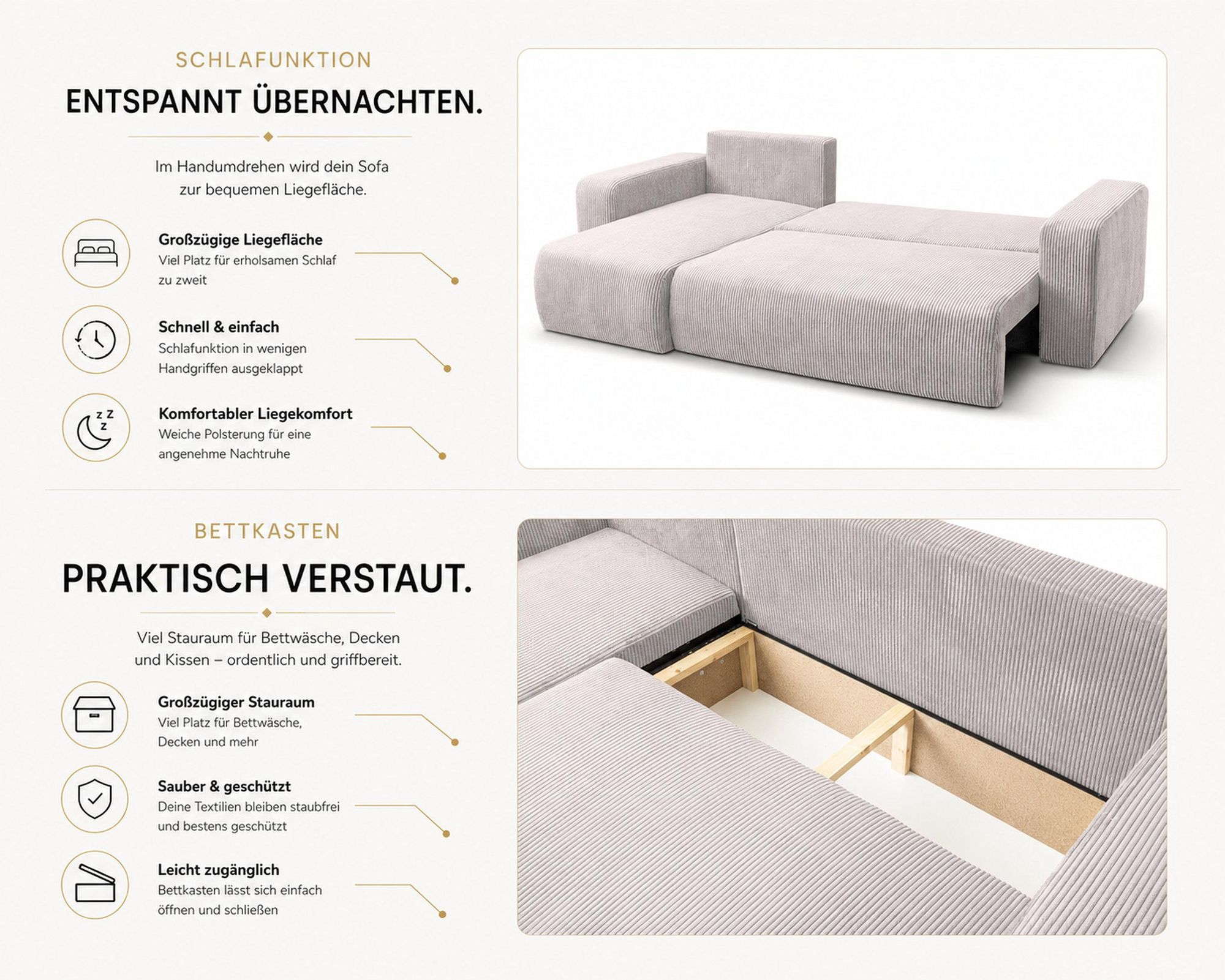 VENASI LUNA Universell Ecksofa mit Schlaffunktion und Bettkasten Cord Braun Schlafsofa Eckcouch Sofa
