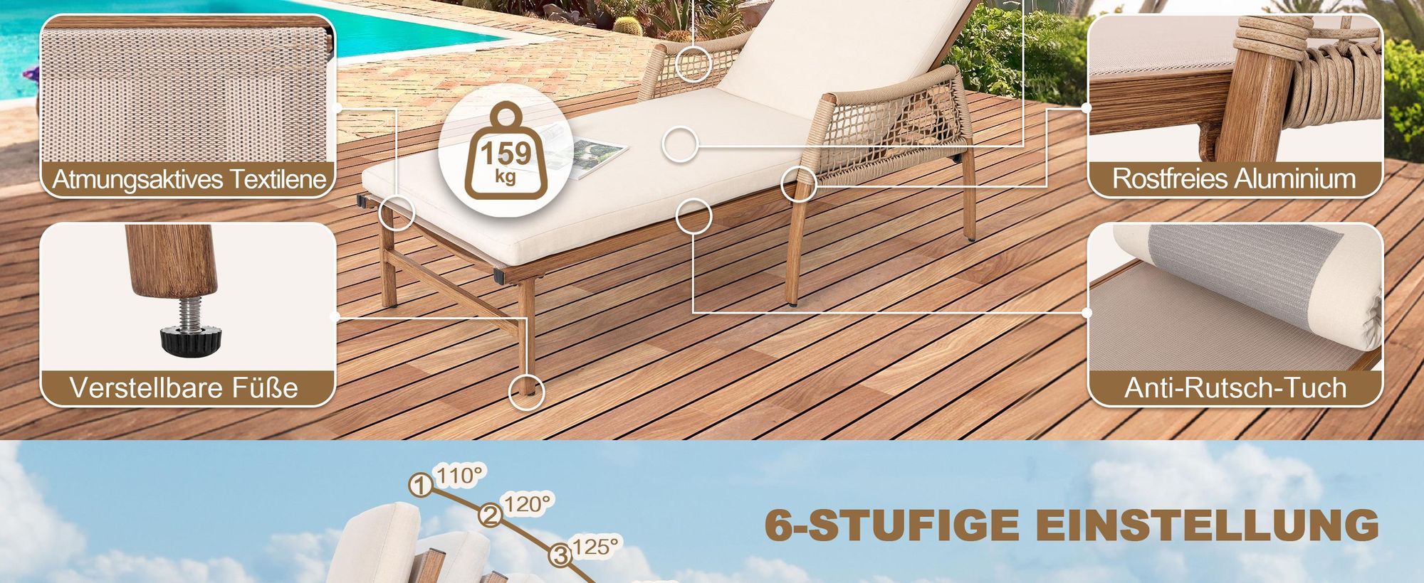 Avestar Sonnenliege, verstellbare Rückenlehne mit Kissen, handgeflochtene Rattan-Armlehnen und handgebürstetes Aluminium, Beige