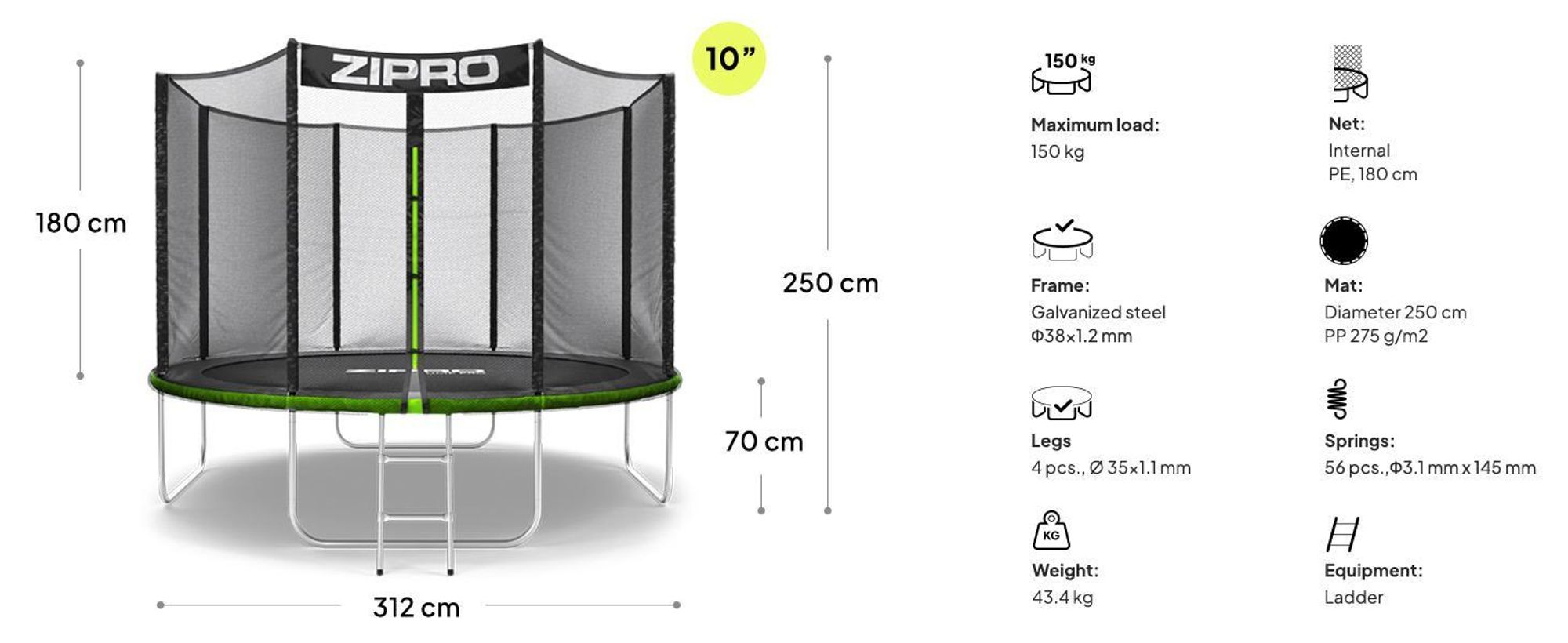 ZIPRO Trampolína Jump Pro Out | 10FT Ø 312 cm | Zahradní trampolína Dětská trampolína Kompletní sada včetně vnější sítě, žebříku a krytu okraje, venkovní, zelená