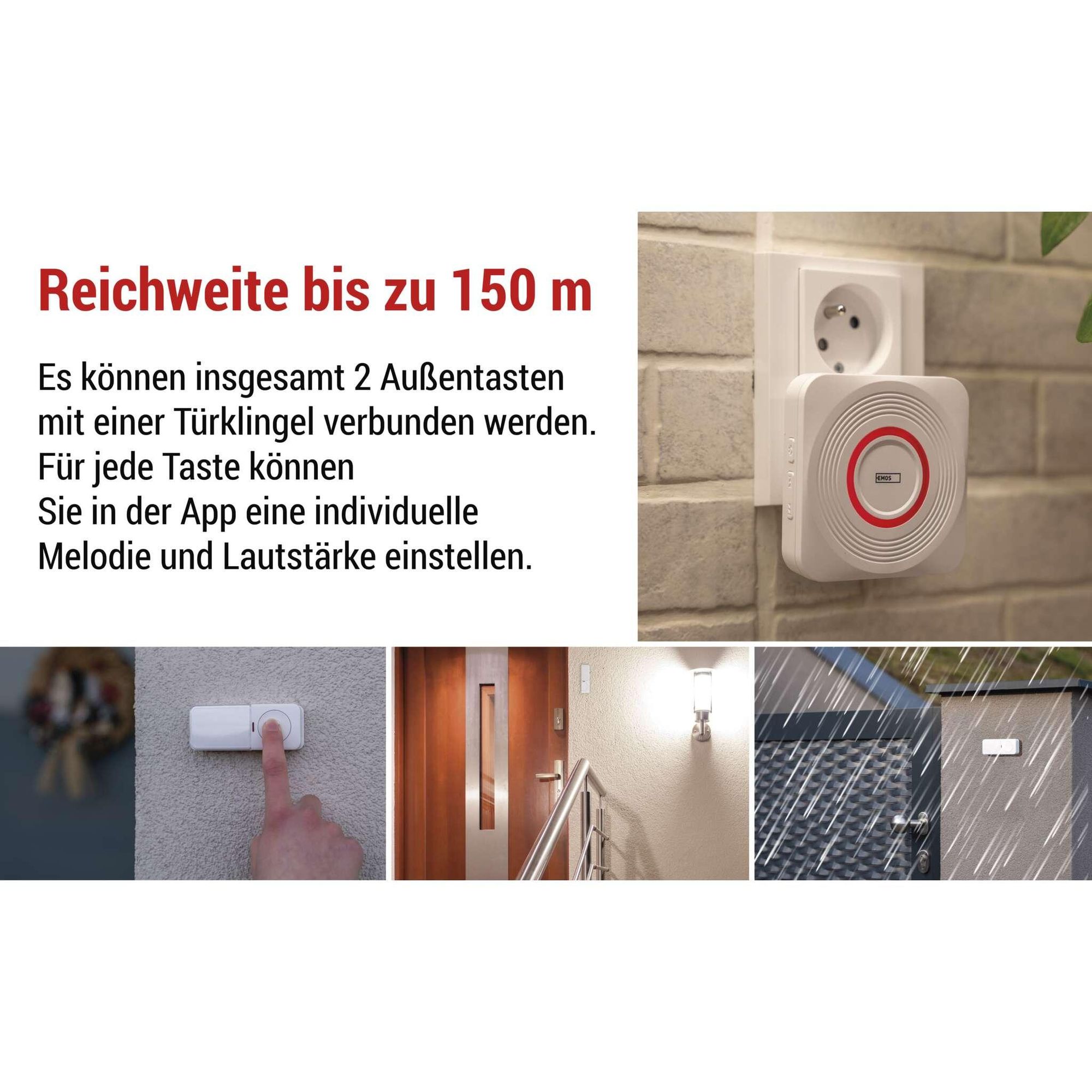 EMOS Smart Home Funkklingel Set mit App, WiFi, kabellos, 52 Melodien, 150m Reichweite, 4 Lautstärken bis 110dB, inkl. Batterie, weiß, P5735WS