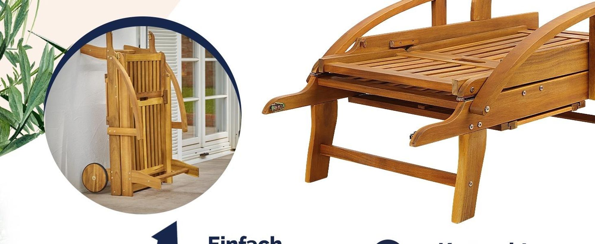 CASARIA® Sonnenliege Holz inkl. Auflage Creme 320kg Belastbar 195x55cm Klappbar Räder Rückenlehne Verstellbar Ablage Akazie Gartenliege Balkon Garten Terrasse Liege Wetterfest