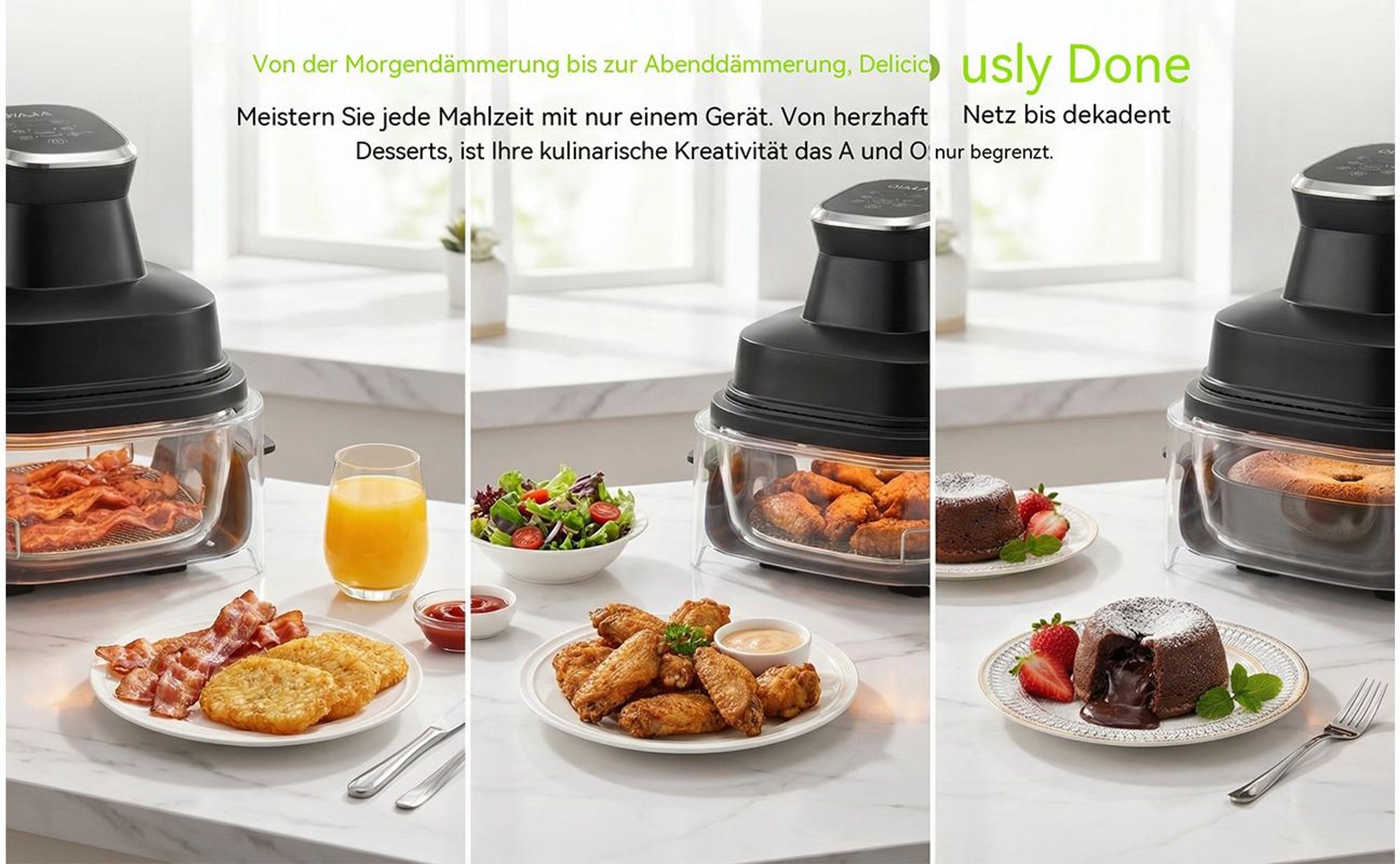 Tragbare Air Fryer Heißluftfritteuse, 4 l+4 l, 4-in-1: Heißluftfrittieren, Braten, Warmhalten, Recrisp, 2 Herausnehmbare Glasbehälter & Deckel, 1800W