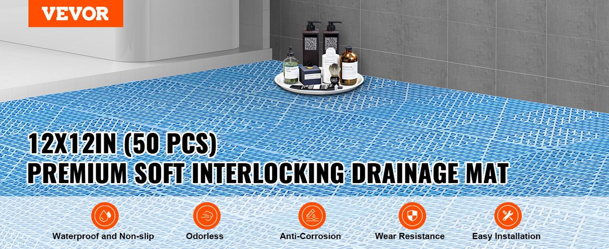 VEVOR Verbindungsfähige Drainage-Bodenmatte 30,5 x 30,5 cm PVC Rutschfeste Bodenfliesen 12er Pack, Blau, 50 PCS-a