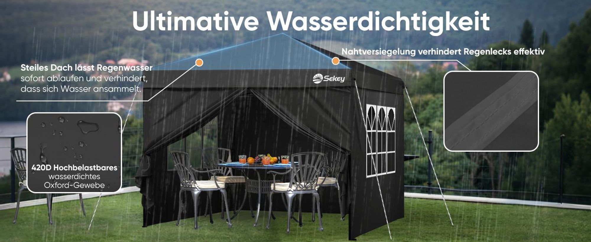 Sekey Faltpavillon 3x3 mit 4 Seitenwänden und mit 4 Sandsäcke, Wasserdicht Pop Up Pavillon für Camping, Festival, Events, Picknicks, Schwarz