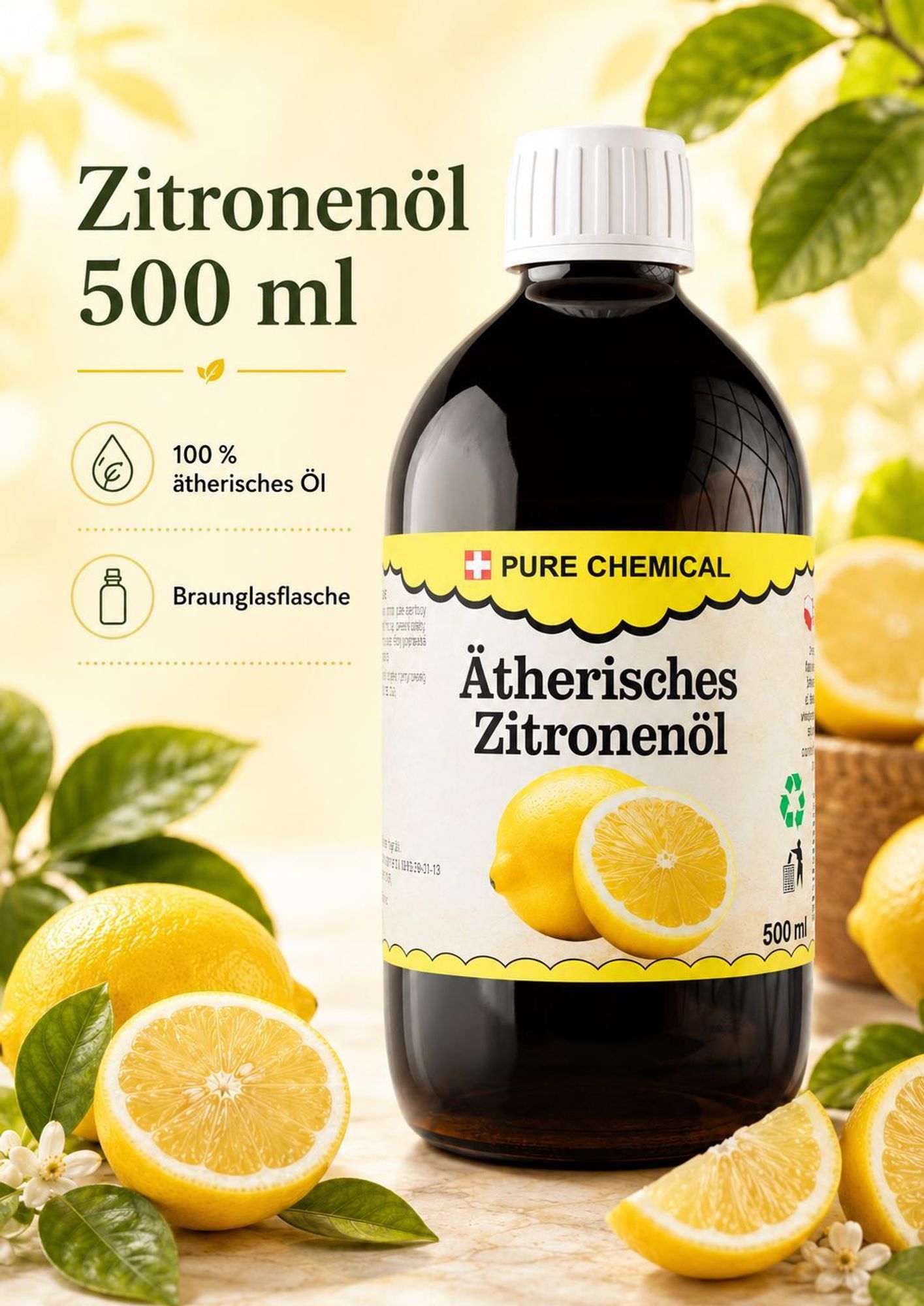 Zitronenöl 500 ml, 100% natürliches ätherisches Öl, Citrus Limon Peel Oil, für Diffuser, Aromatherapie & DIY-Kosmetik | Pure Chemical™