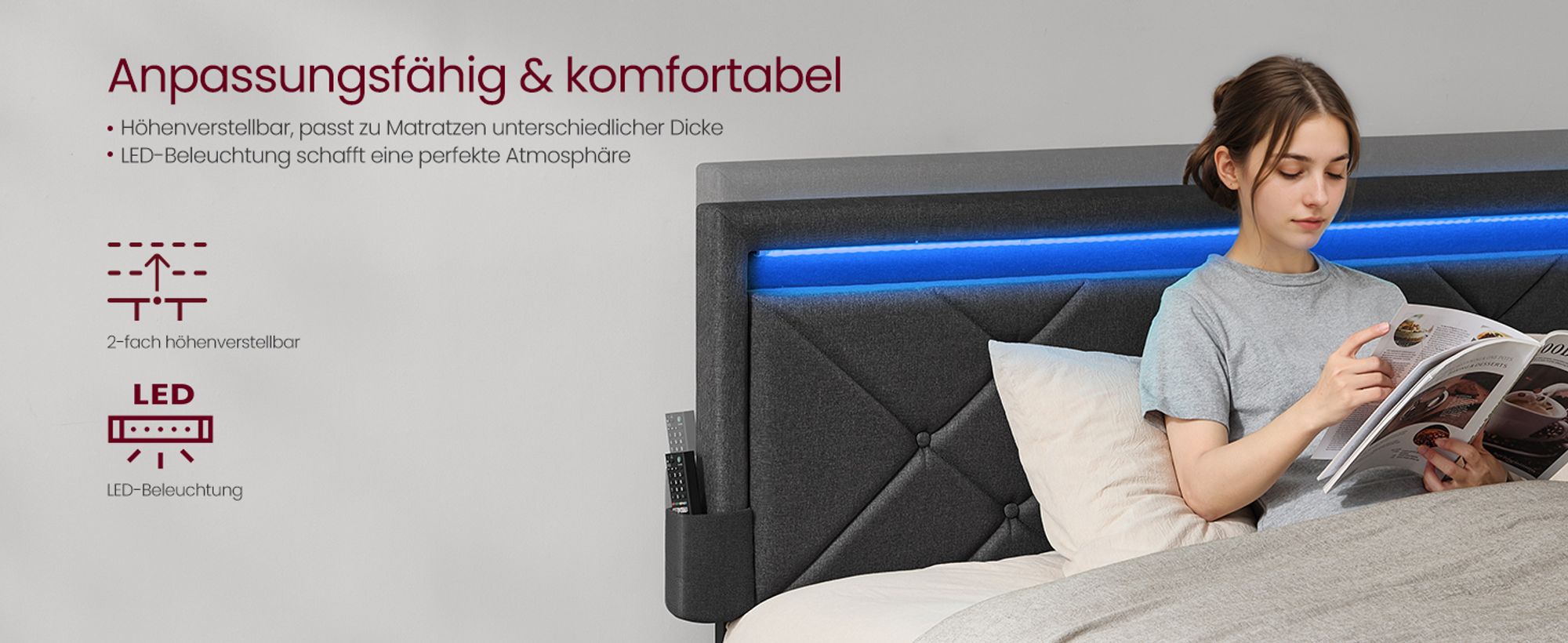 VASAGLE Doppelbettgestell, Bettgestell, 140 x 200 cm, LED, Metallbett, 4 Schubladen, Ladestation, verstellbares gepolstertes Kopfteil, Schiefergrau
