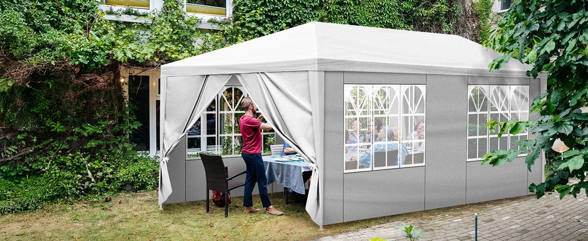 FCH 3 x 6 m Garten Pavillon mit 6 Seitenteilen zwei Türen wasserdichtes Zelt mit Spiralschläuchen, weiß