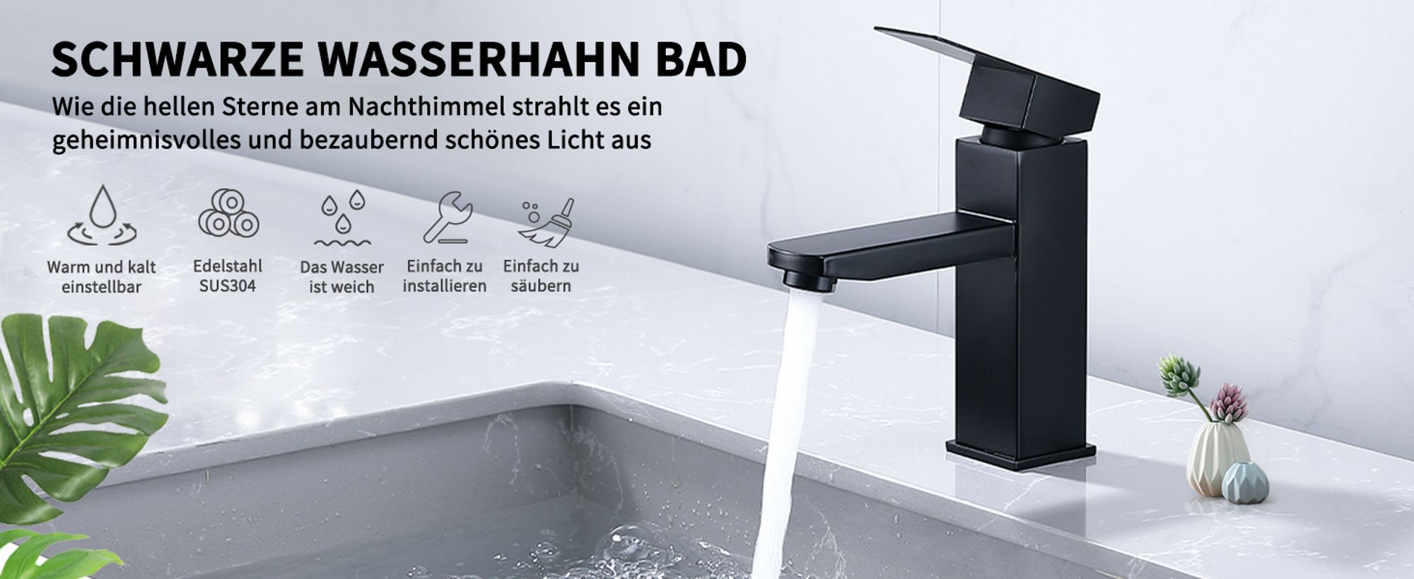 Schwarz Wasserhahn,Waschtischarmatur Design Einhebelmischer für Badezimmer,Mischbatterie Hochdruck Badarmatur,Armatur Einhebelmischer Edelstahl