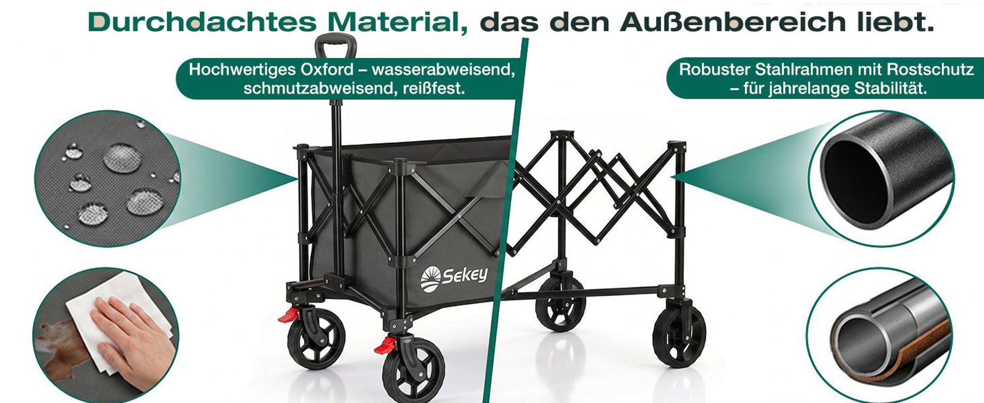Sekey Bollerwagen faltbar 150 kg mit Bremsen, klappbarer Handwagen für Garten und Ausflug, Anthrazit