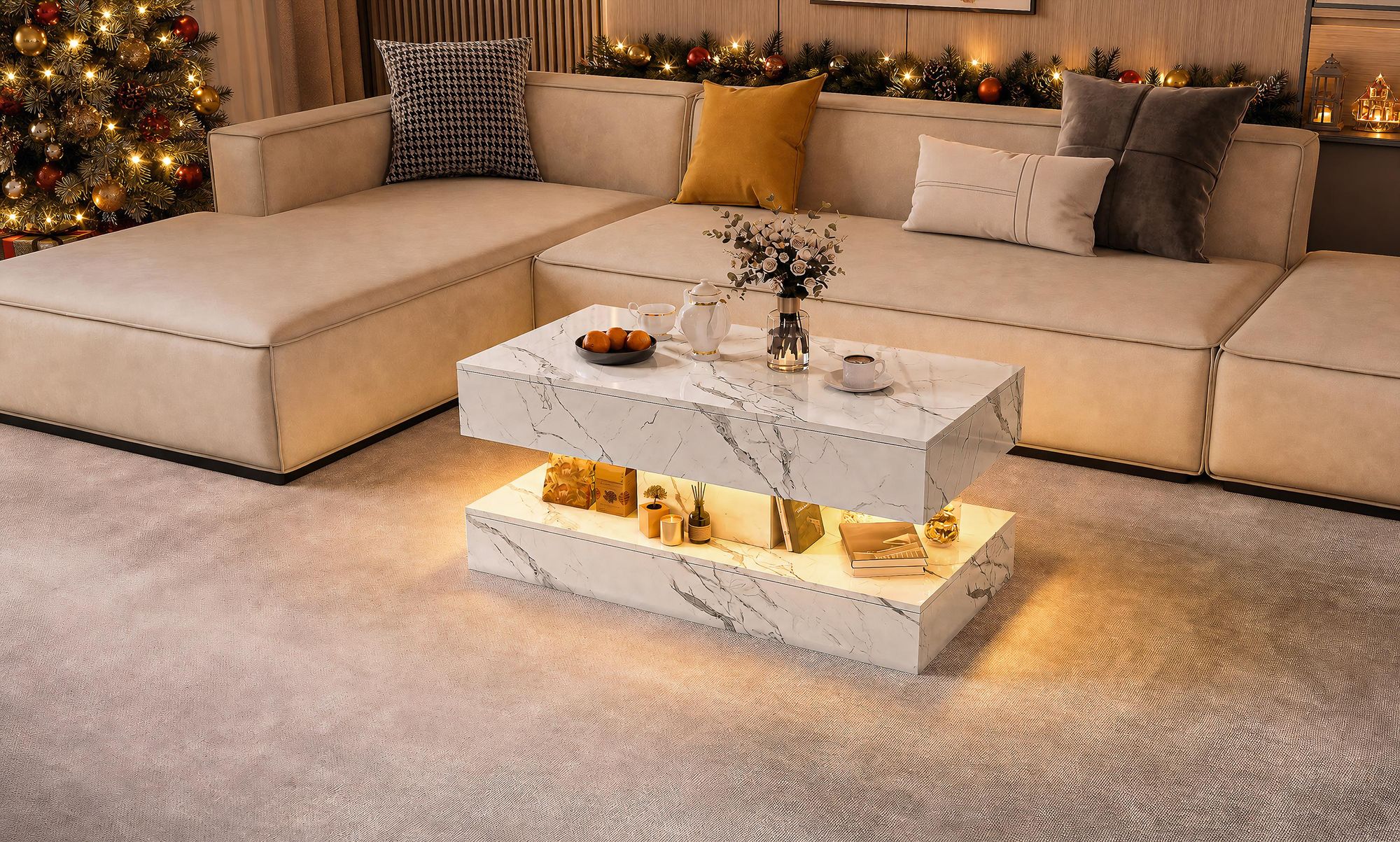 INONEFT Couchtisch mit LED und verstecktem Stauraum,2 Schubladen,Rechteckiger Hochglanz Beistelltisch,Wohnzimmertisch,Weiß