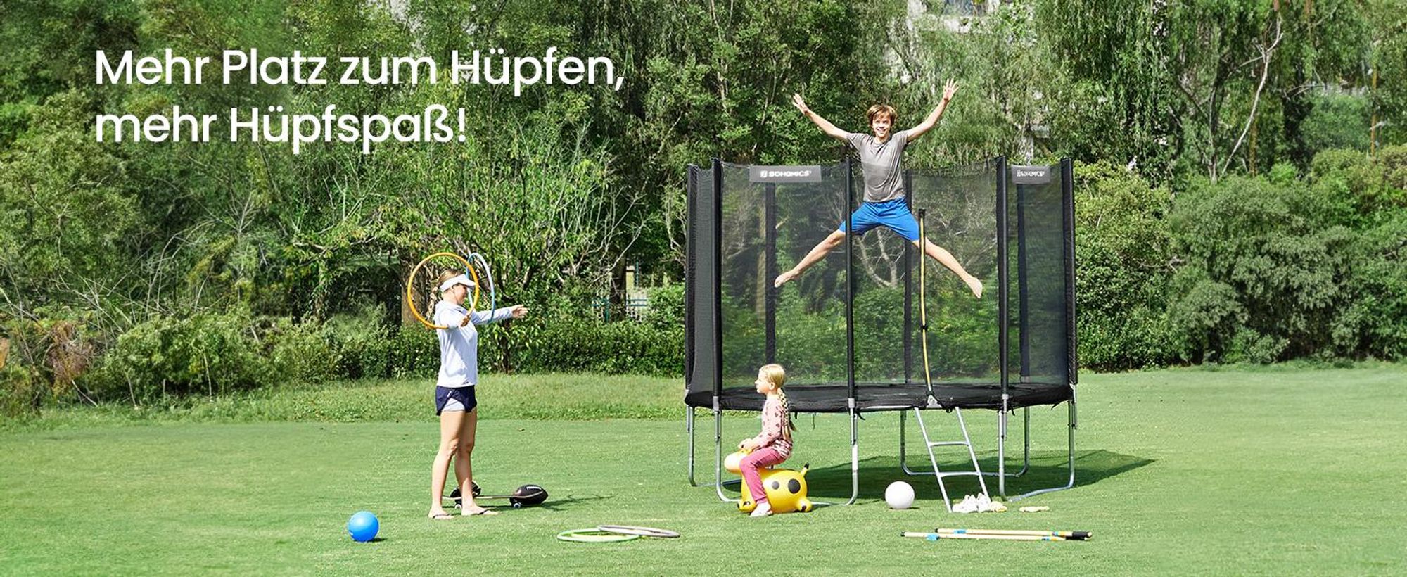 SONGMICS Trampolin 366 cm, Gartentrampolin für Kinder mit Sicherheitsnetz, Randabdeckung, Leiter, schwarz