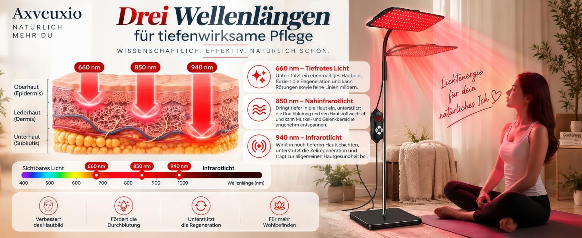 126 LEDs Rotlichtlampe Stehlampe,660 nm Rotlicht und 850nm und 940nm Nahinfrarot lichttherapielampe,360°-Einstellbar, 3 Modi & 5 Helligkeitsstufen