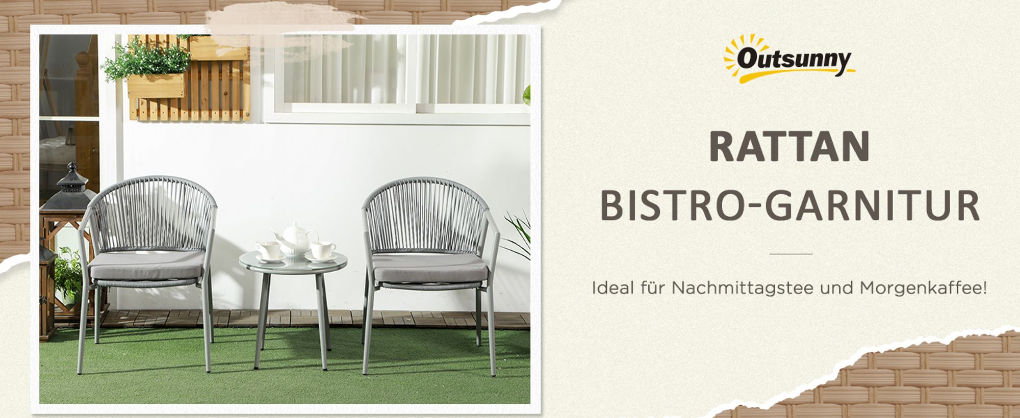 Outsunny Rattan Bistroset Sitzgruppe Gartengarnitur mit 2 Sesseln Couchtisch