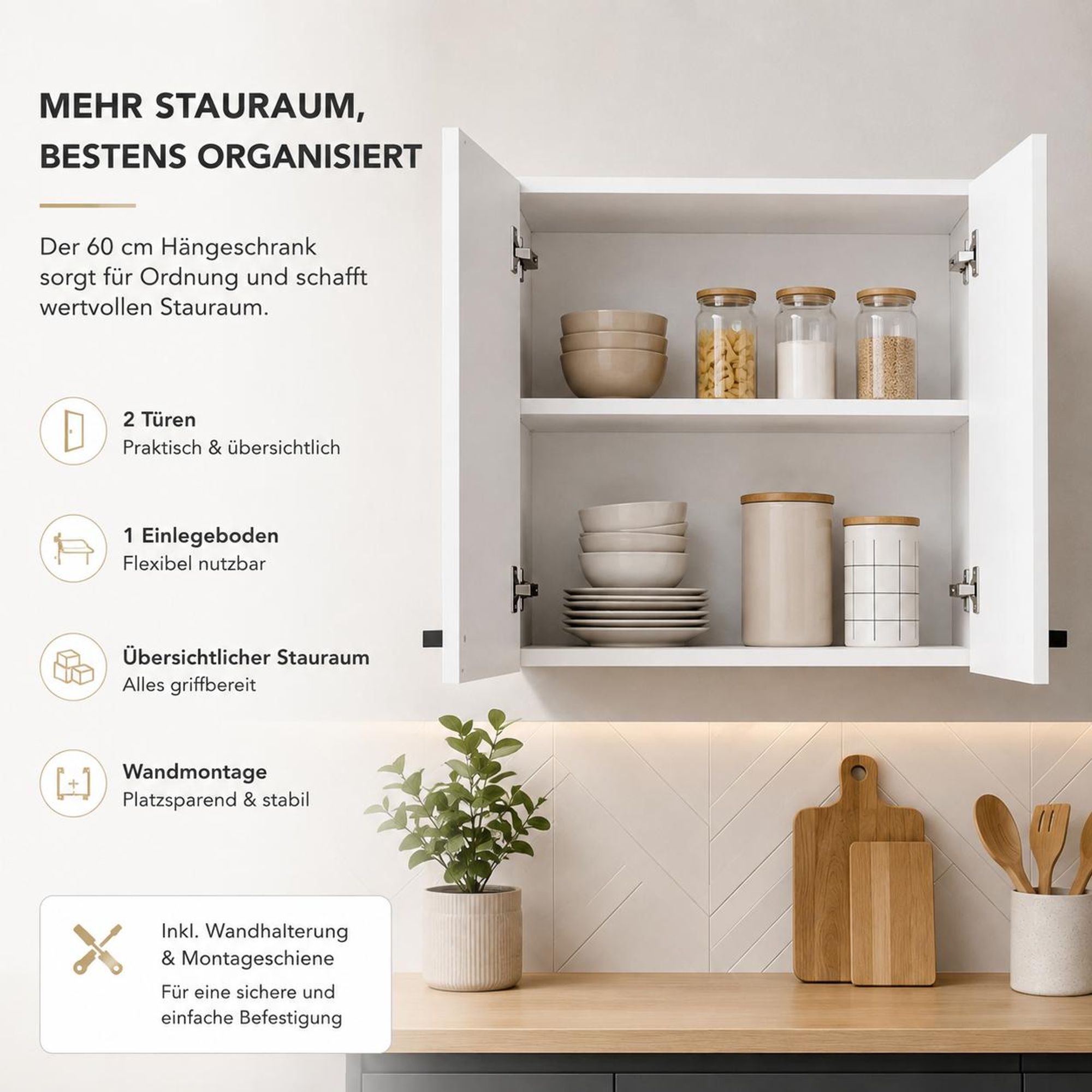 Offener Hängeschrank 60 cm Weiß Matt mit Geschirr. Stauraum auf 2 Ebenen.