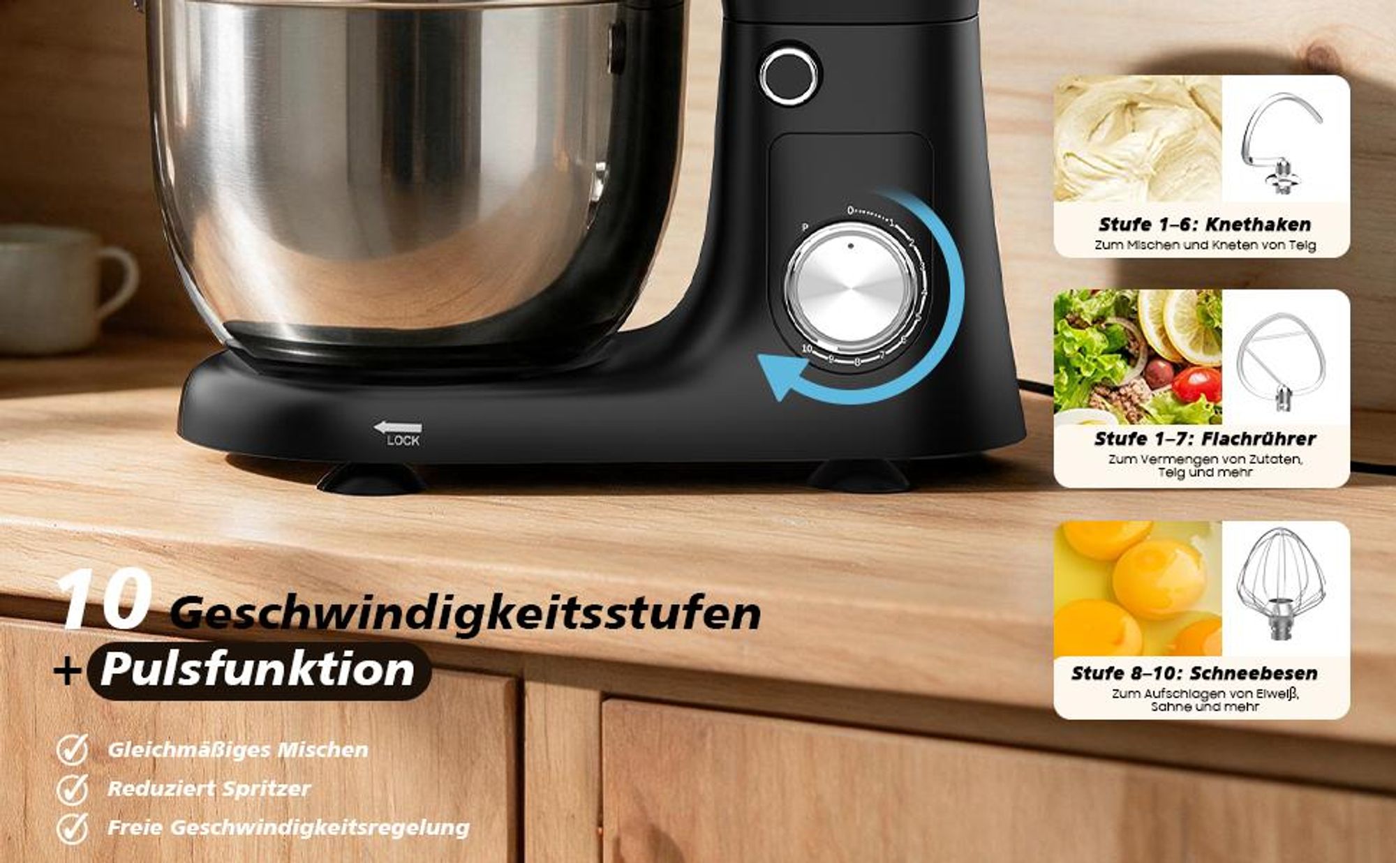Küchenmaschine, 5L Edelstahlschüssel, Knet- & Rührmaschine, 10 Geschwindigkeiten, 600W, inkl. Knethaken, Rührhaken, Schneebesen & Spritzschutz
