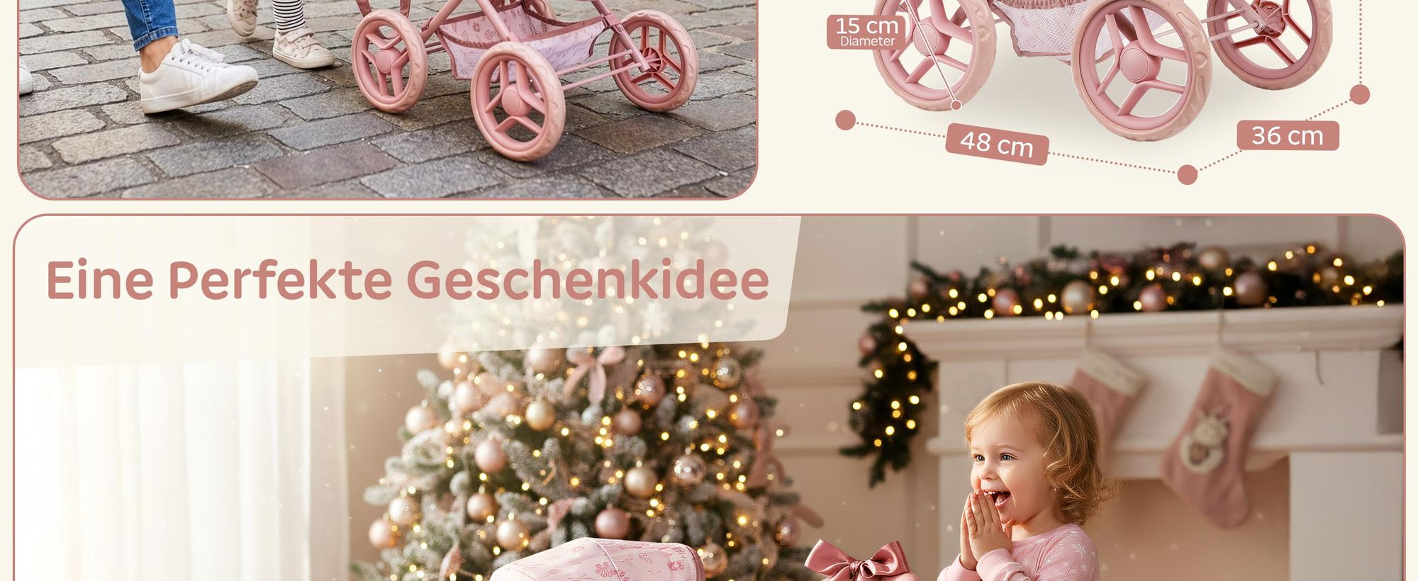 Puppenwagen mit Tasche und Klappdach – Kinderwagen für Puppen – rosa, höhenverstellbare Griffhöhe ca. 54 cm