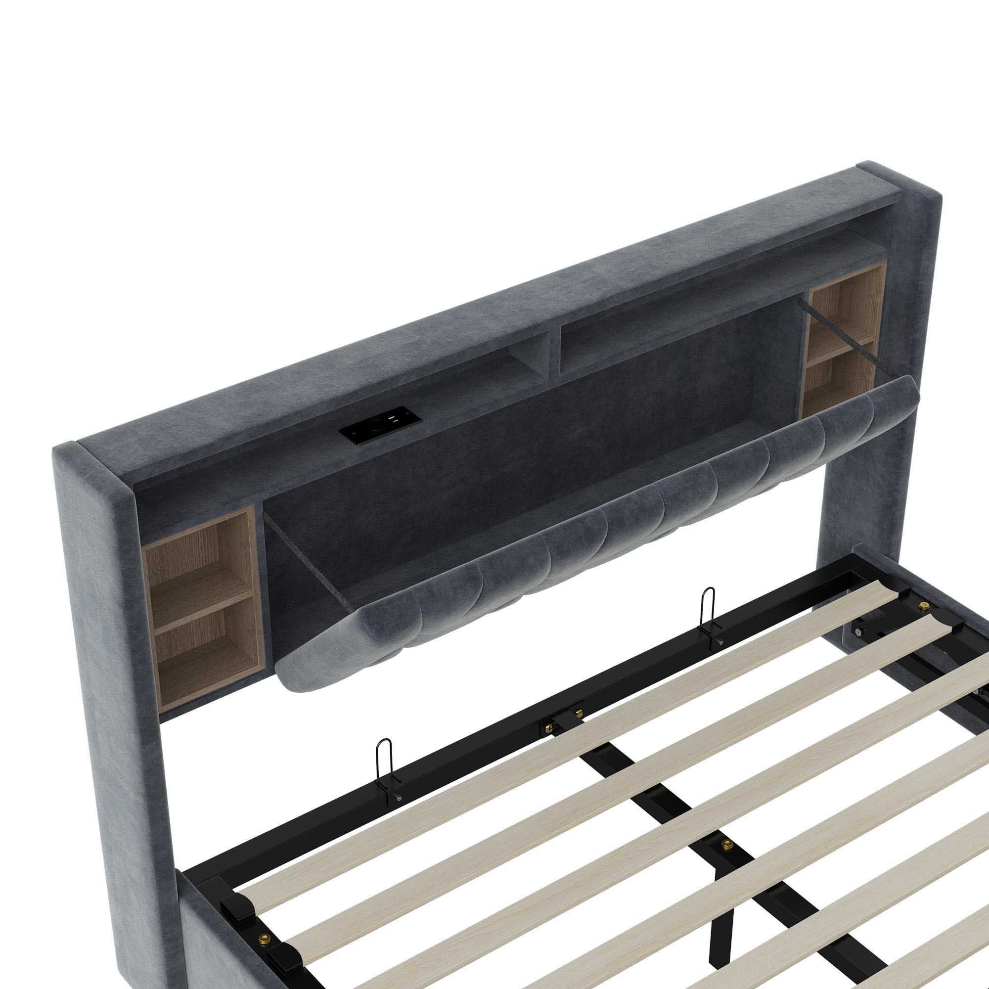 Fortuna Lai Polsterbett 140x200cm mit USB und type-C, Jugendbett Doppelbett mit Lattenrost und Stauraum, Stauraumbett mit LED, Samt, Grau