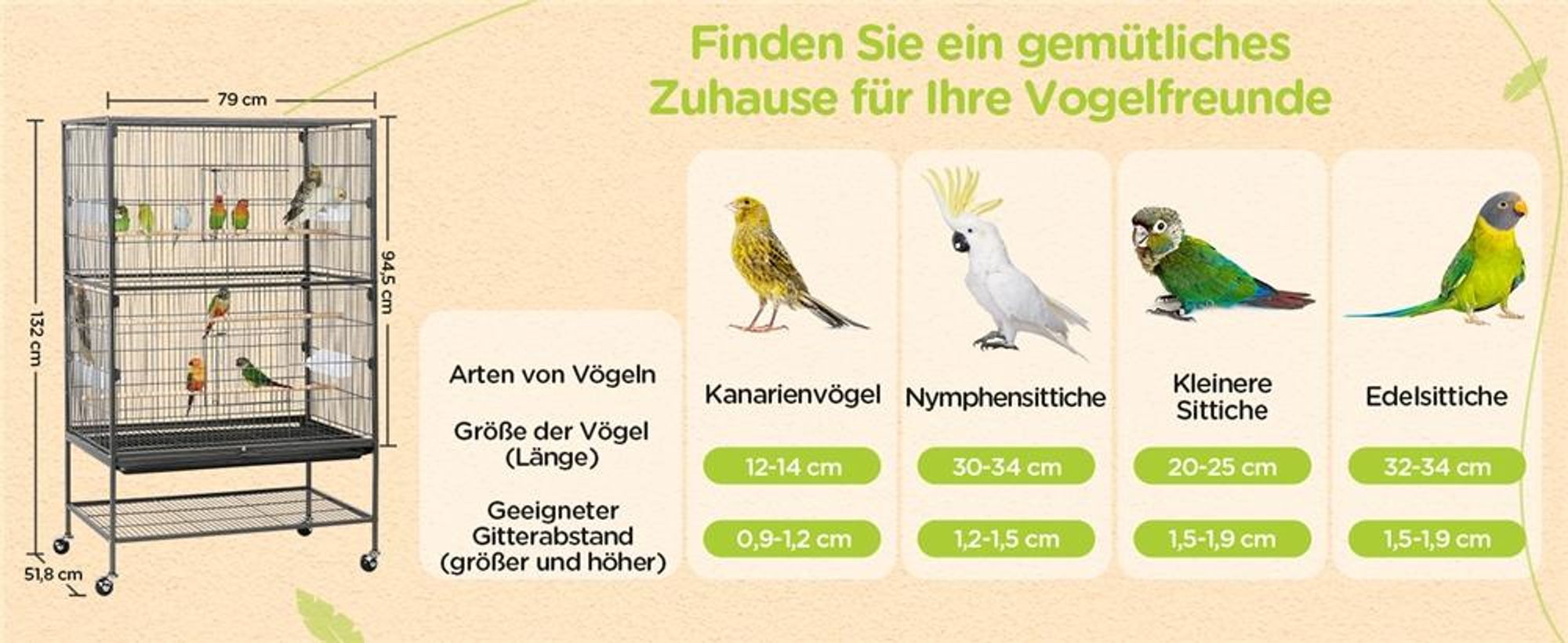 Yaheetech Vogelkäfig mit Ständer, Vogelvoliere mit 3 Holzstangen und 4 Futternäpfen, Wellensittich Käfig mit 4 Rollen, Voliere für Papageien, Schwarz