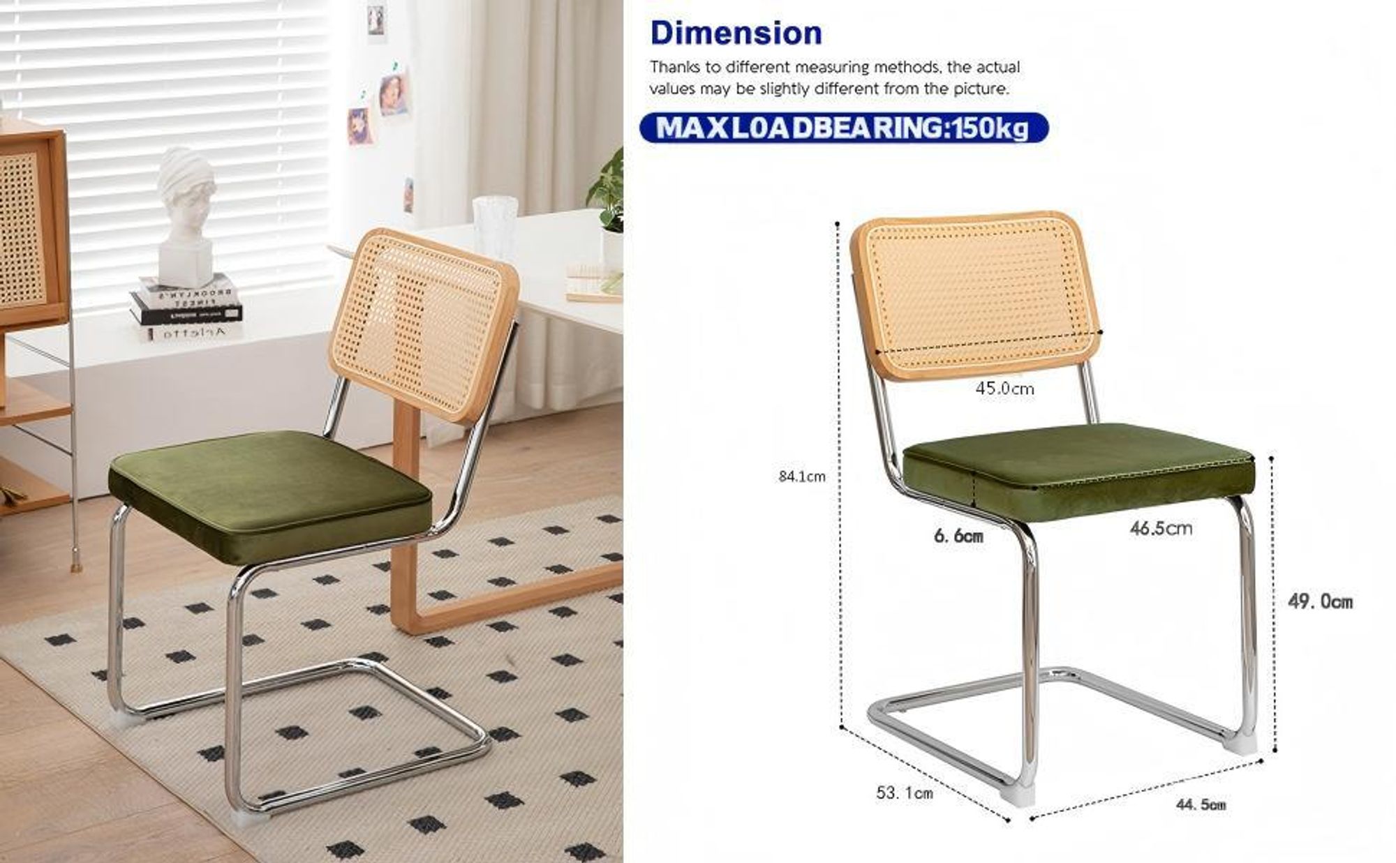 LVHOM 2er Set Freischwinger Esszimmerstuhl im Bauhaus Stil, Wiener Geflecht Rattan-Rückenlehne, Samt Polsterstuhl mit Chromgestell, Retro Design, Grün