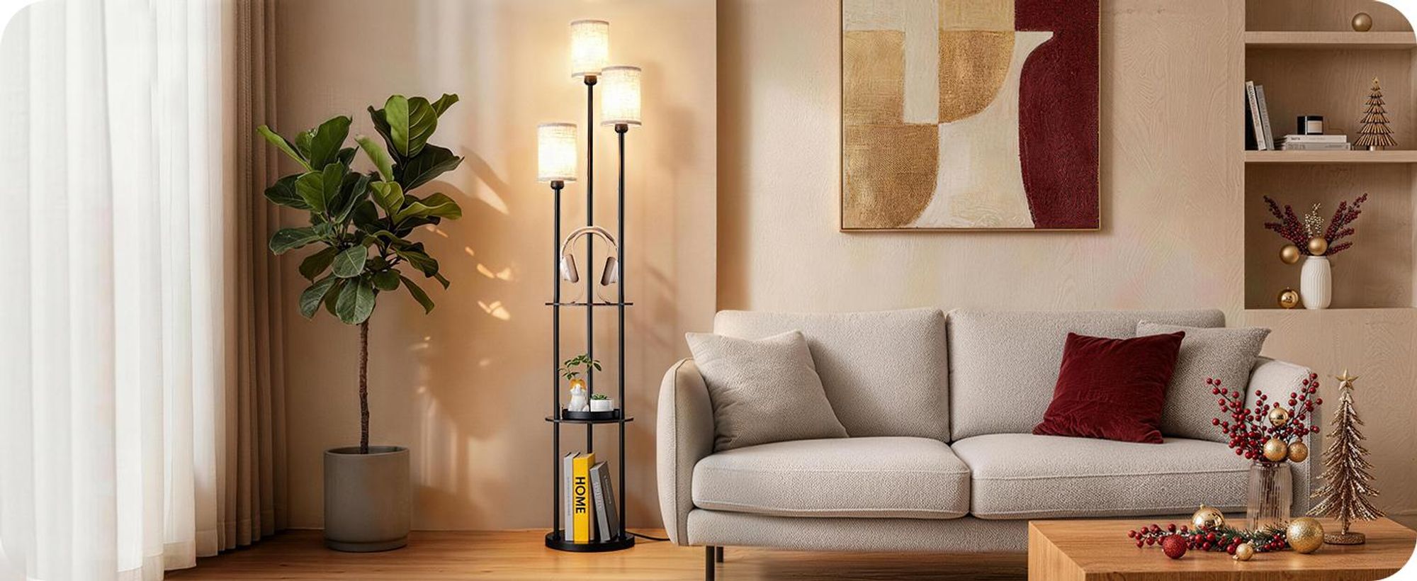 EDISHINE Stehlampe Wohnzimmer, 3-flammige LED Stehleuchte mit Regal & Leinen-Lampenschirm, inkl. Leuchtmittel,Moderne Stehlampe für Schlafzimmer,178cm