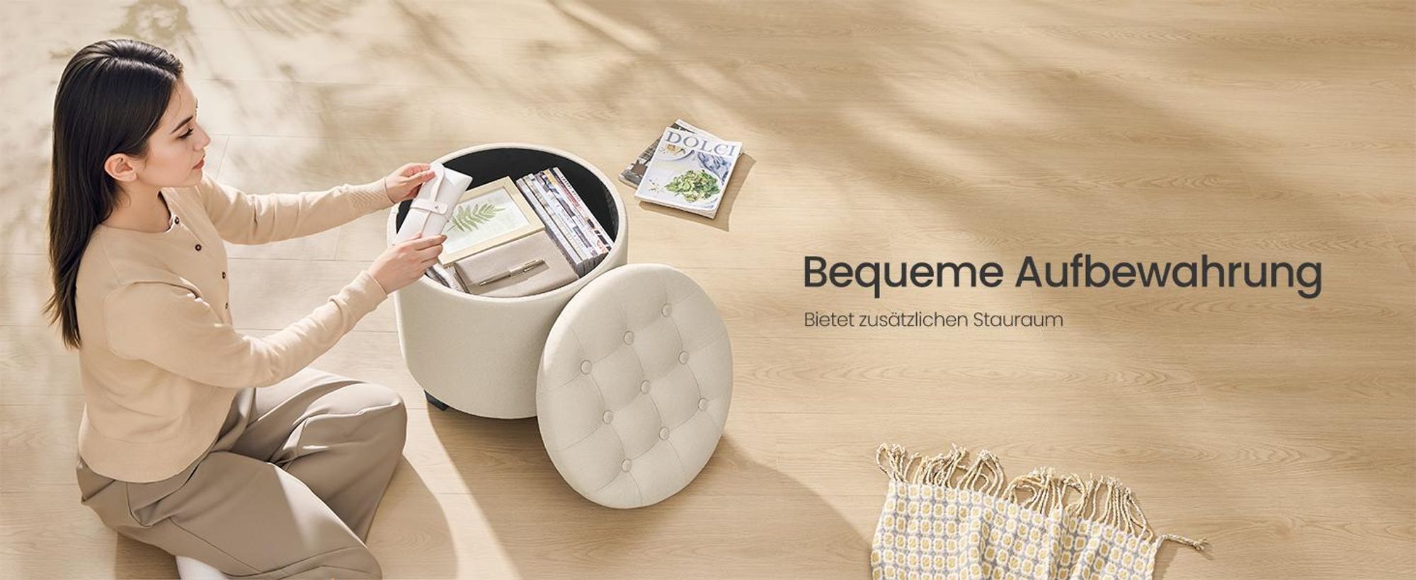 SONGMICS Sitzhocker rund, Fußhocker mit Stauraum, Schminkhocker mit Beinen, 45 cm d, 44,5 cm H, bis 150 kg belastbar