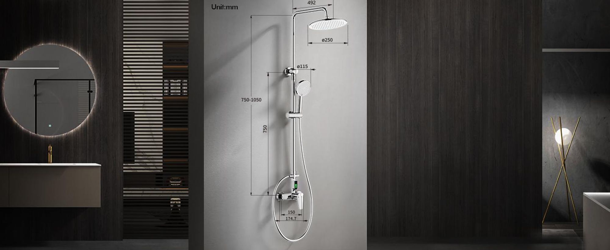 Homelody Duschsystem mit armatur, duscharmatur komplettset mit LED-Anzeige, regendusche mit 250MM kopfbrause und Handbrause, Chrom