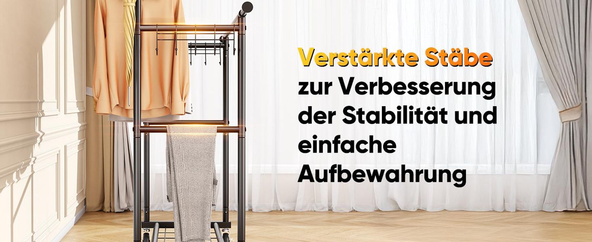 HOKEEPER Kleiderständer, Schwerlast-Kleiderstange, 204kg Kleiderständer mit Rädern ,Doppelstab-Garderobenständer zum Aufhängen von Kleidung Tragbarer