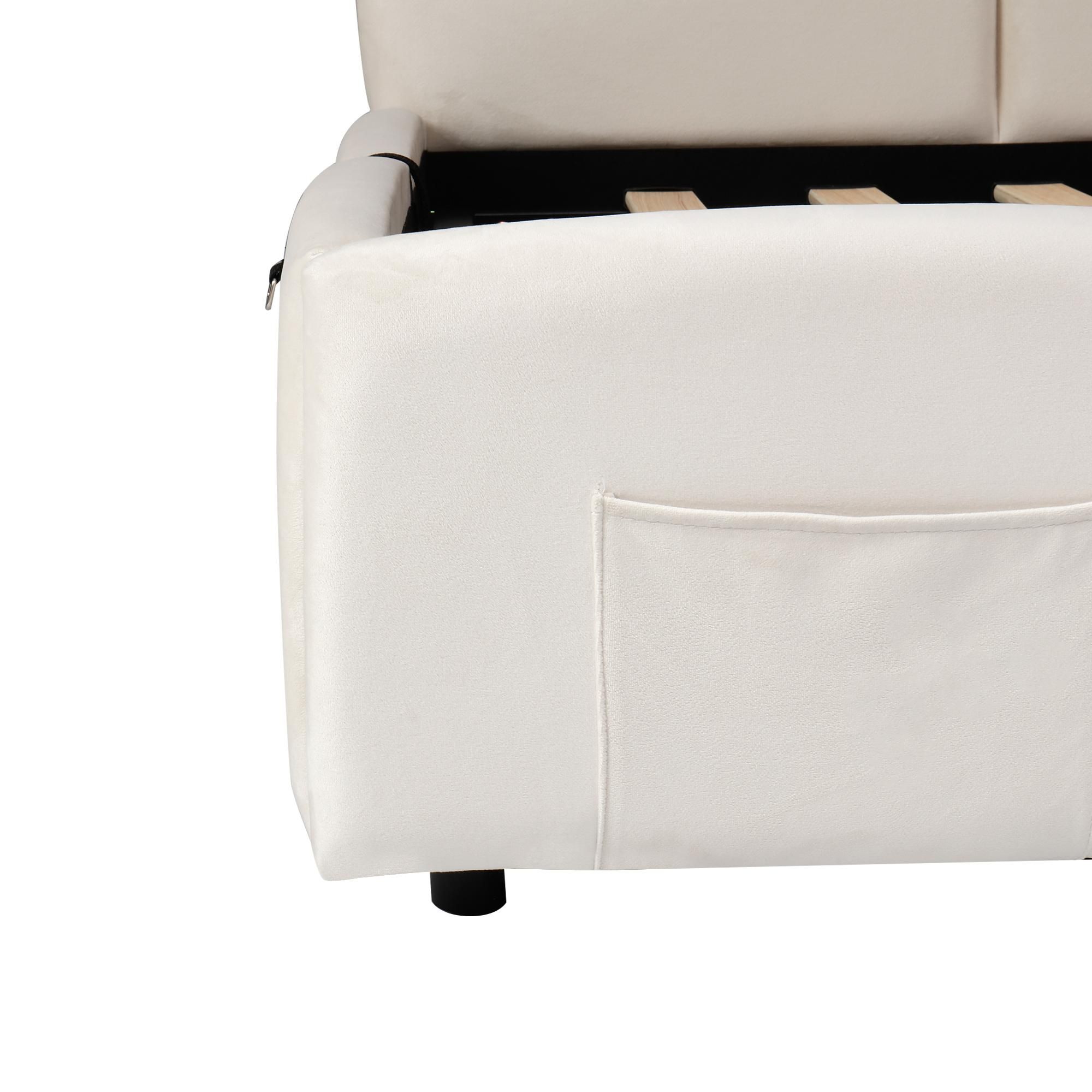 Flieks Hydraulisches Polsterbett 90x200cm mit Stauraum, Schlafsofa Tagesbett mit USB & Type-c, Stauraumbett Einzelbett, Samt, Beige