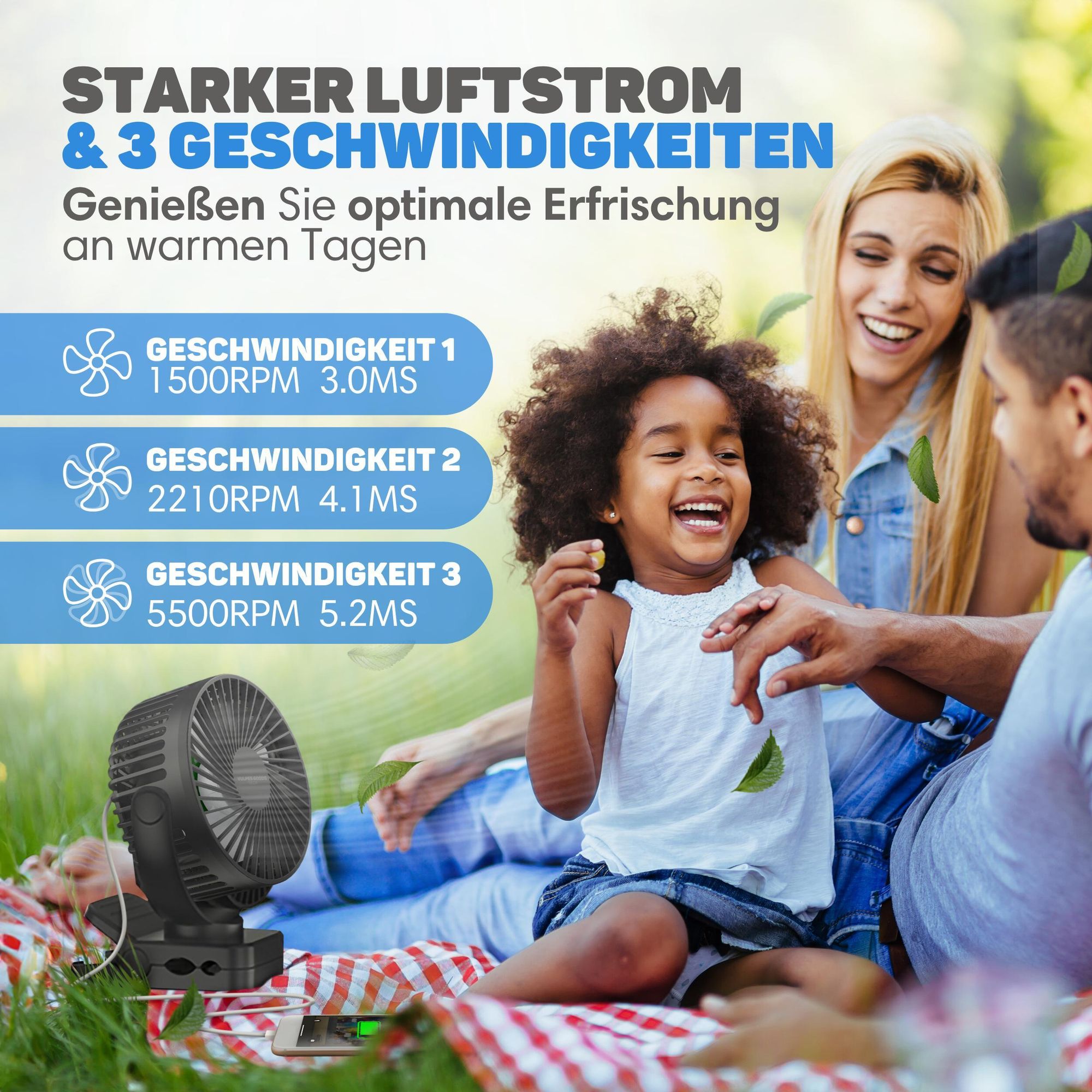 Vulpes Goods Mini Ventilator, Tischventilator, Handventilator, Wiederaufladbar, 3 Geschwindigkeiten, Verlichting, Powerbank-Funktion, 12000 mAh