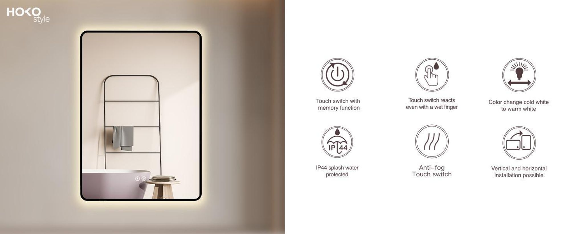 HOKO specchio da bagno antiappannamento LED 60x80cm con cornice HIGH+QUER montaggio interruttore a sfioramento+cambio luce bianco caldo-bianco freddo-neutro interruttore a parete commutabile