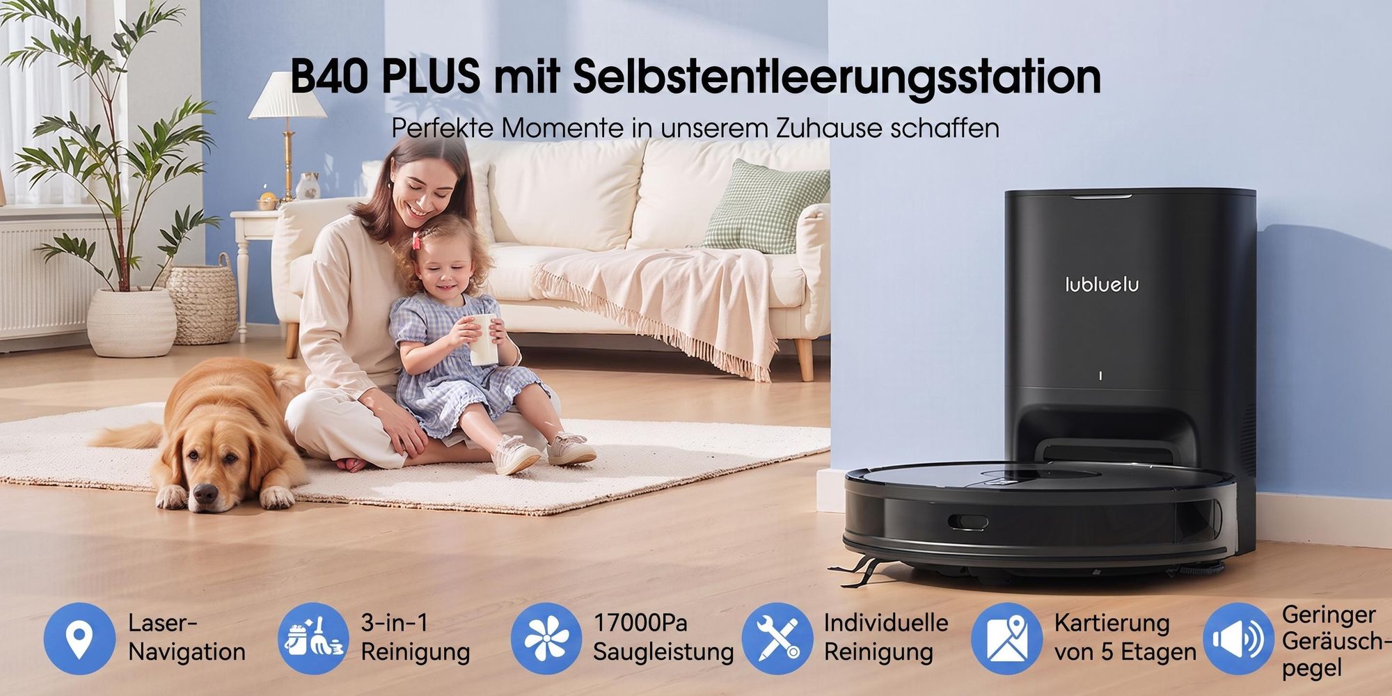 Lubluelu B40 Plus Staubsauger Roboter, 17000Pa Saugkraft, 20S Selbstentleerung, 3-in-1 Saugen & Wischen, Automatische Aufladung, Ideal für Tierhaare