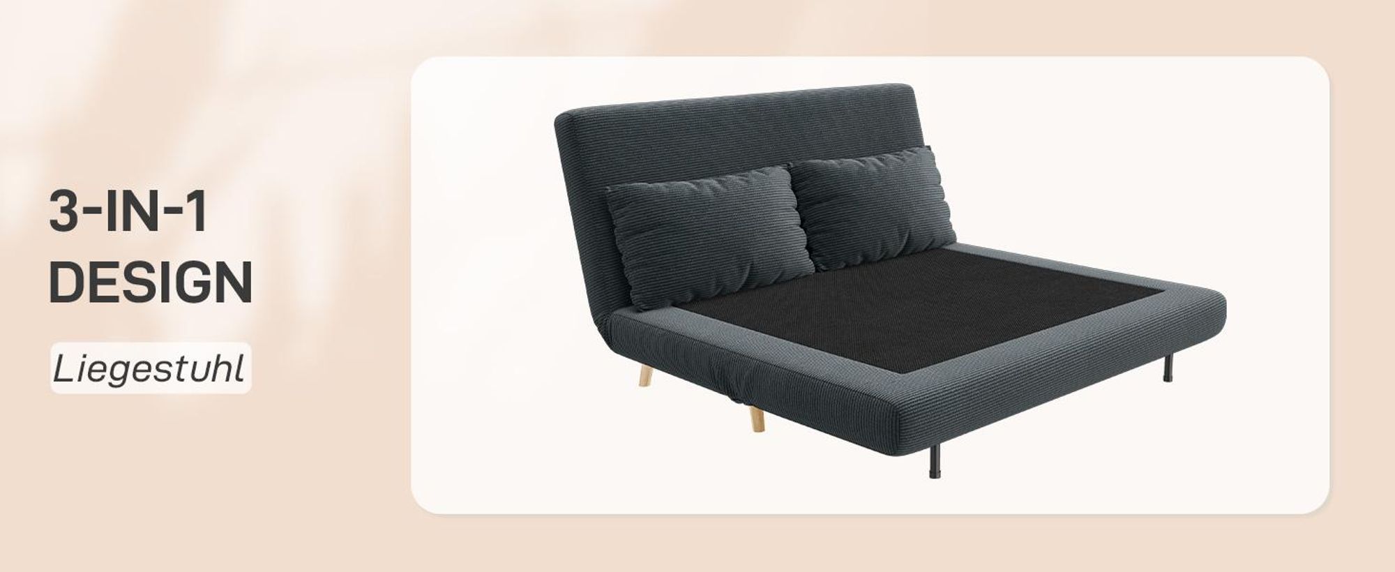 HOMCOM Schlafsofa, Klappsofa mit Bettfunktion, Rückenkissen Kordoptik Dunkelgrau