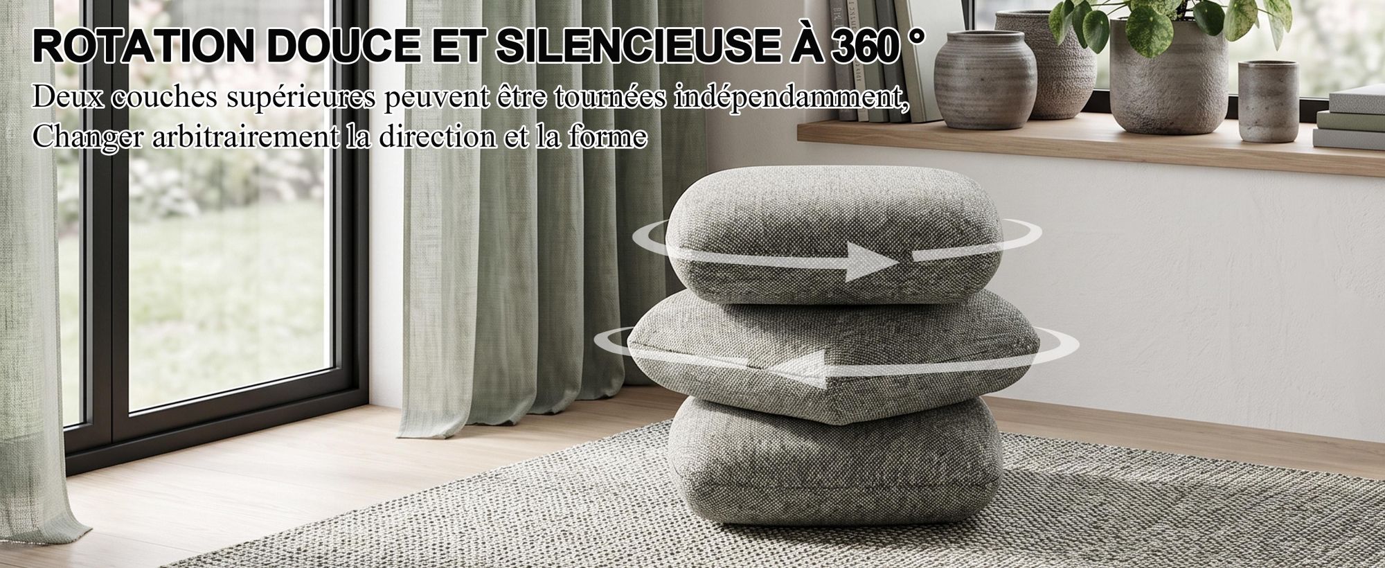 Pouf Duhome en tissu bouclé, repose-pieds pivotant à 360°, ottoman moderne pour salon, chambre à coucher, couloir, couleur gris