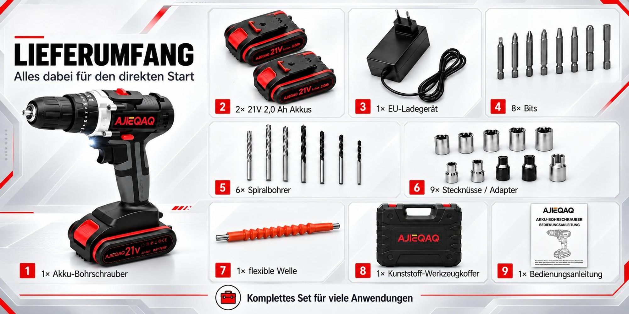 Akkuschrauber 21V Set, 3-in-1 Akku-Schlagbohrschrauber mit 2×2.0Ah Akkus, 45Nm, LED Arbeitslicht, Zubehör & Koffer