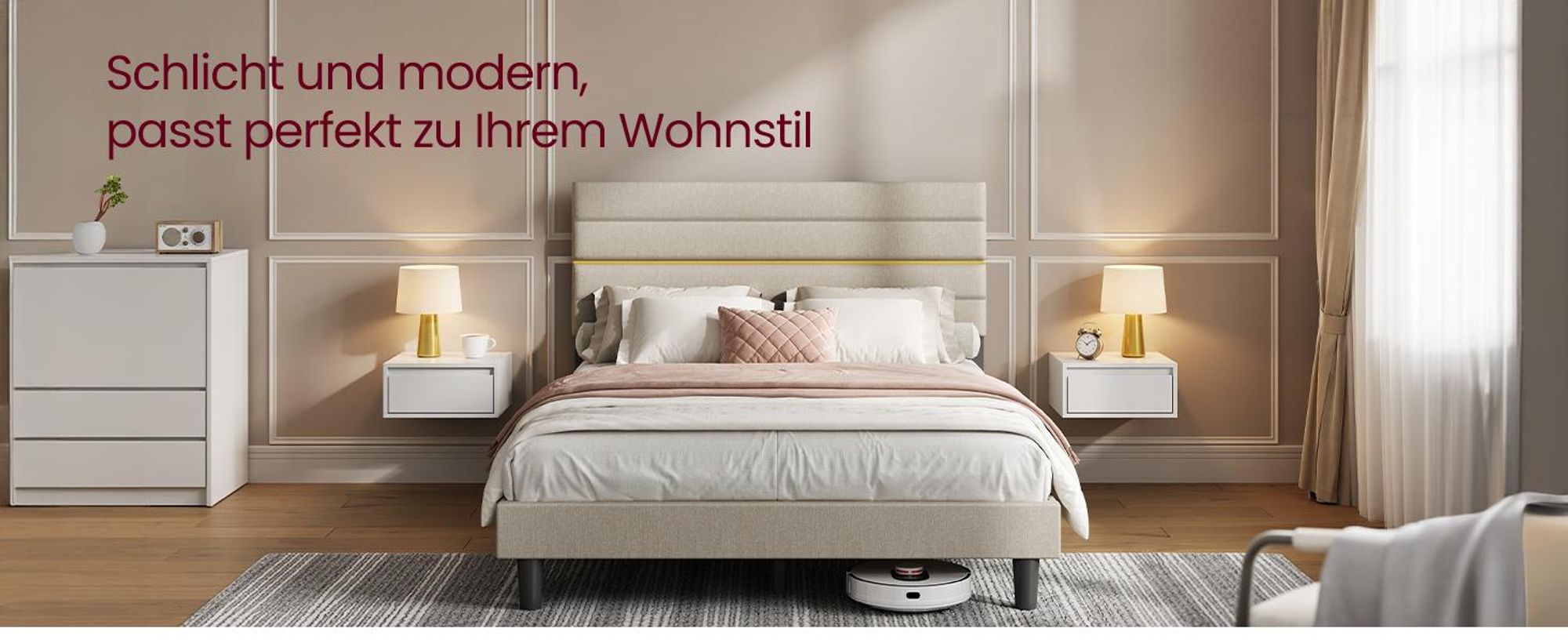 VASAGLE Bettgestell, Doppelbettgestell, passend für 140 x 200 cm Matratze, verstellbares gepolstertes Kopfteil, modern, beige