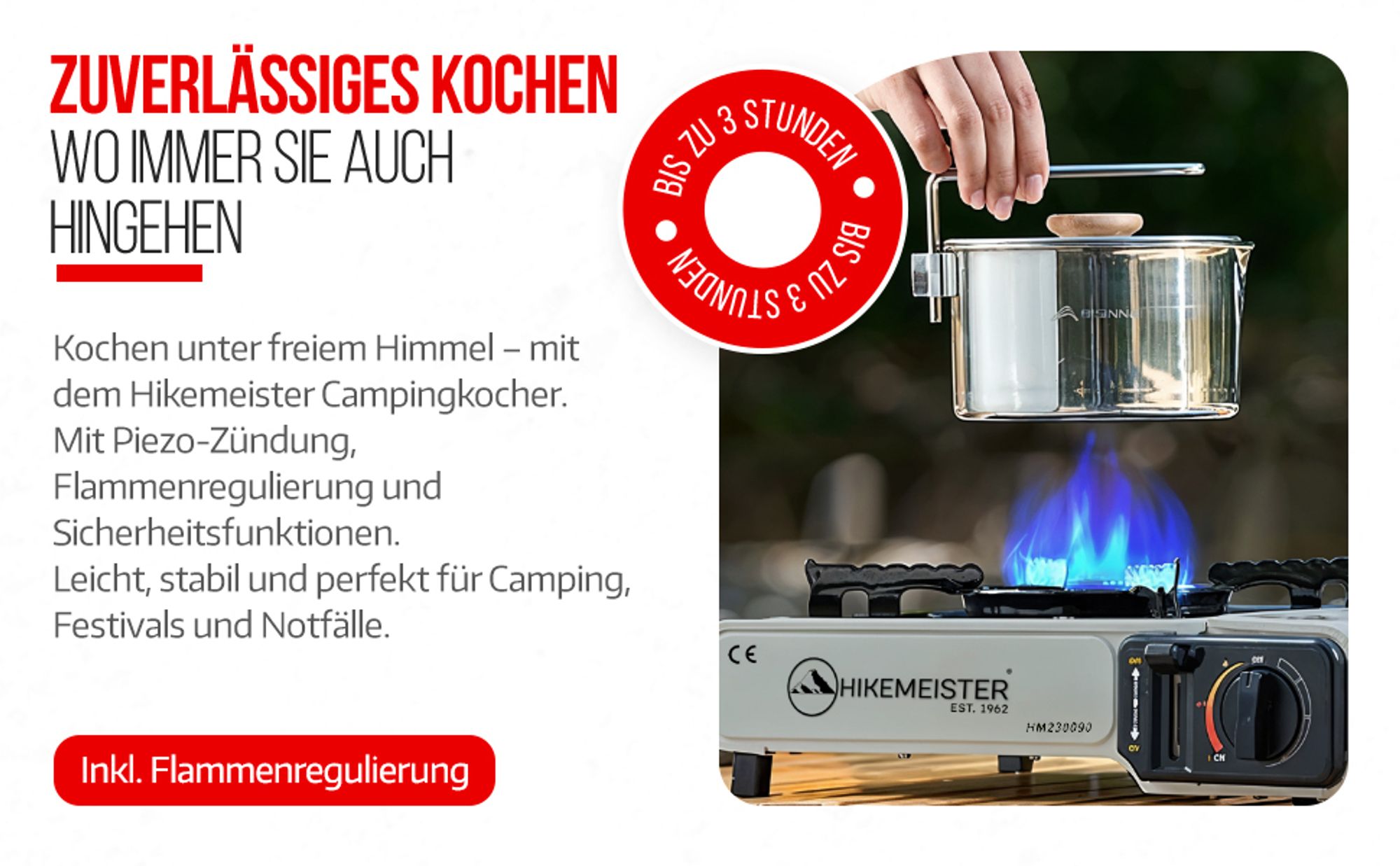 Hikemeister® Campingkocher Gas – Tragbarer Gaskocher 2200W mit Koffer – Camping Gasherd Outdoor Butan Kocher für Campingurlaub, Balkon & Garten - Grau