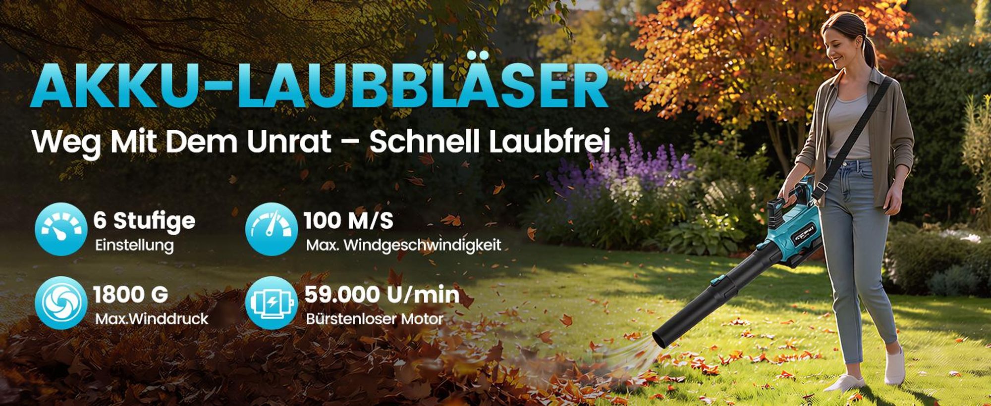 Akku Laubbläser 21V 6 Stufen mit 2x4000mAh Akku und Ladegerät, Akku-Gebläse 880W Bürstenlos bis 100 m/s für Laub, Staub, Schnee, Haus, Garten, Auto