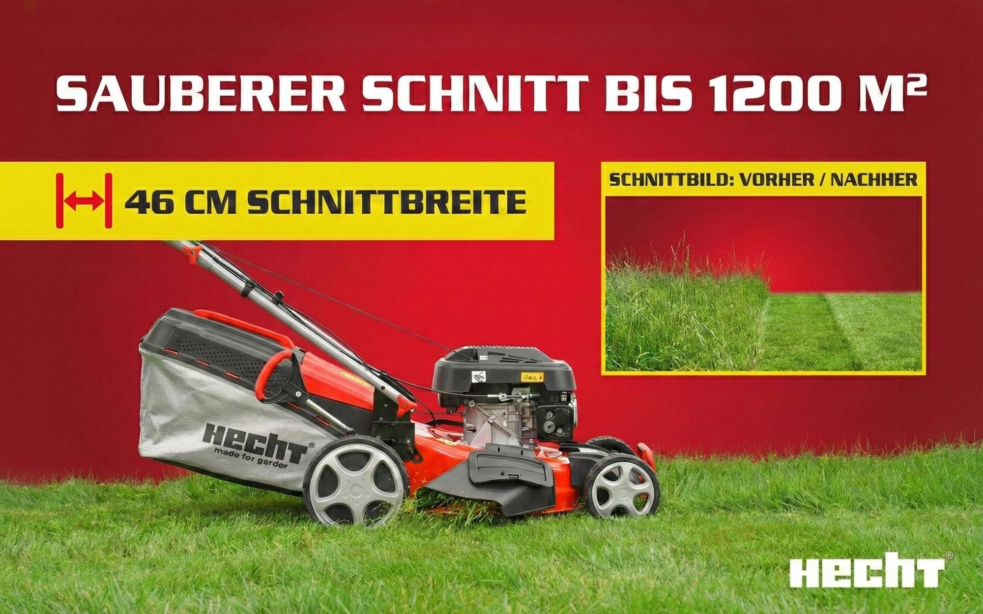 HECHT Rasenmäher Benzin mit Antrieb 547 SXW | 5in1 | 46 cm Schnittbreite | 5,5 PS | Mulchkit | 55 L Fangkorb