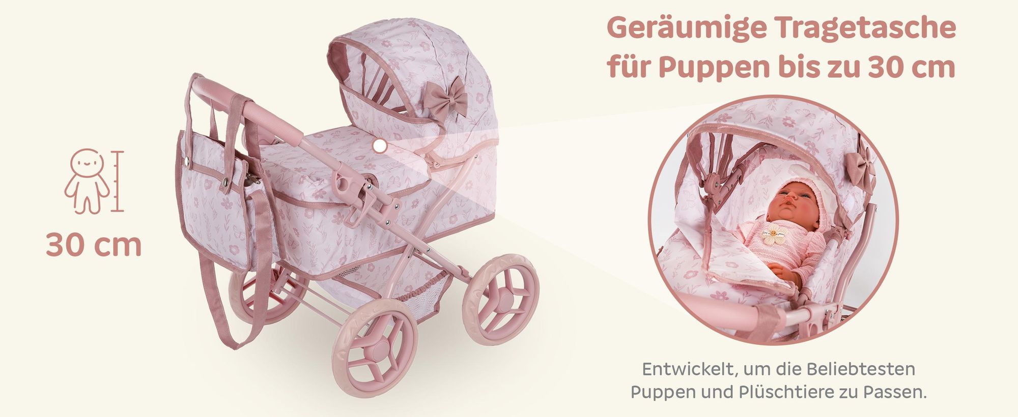 Puppenwagen mit Tasche und Klappdach – Kinderwagen für Puppen – rosa, höhenverstellbare Griffhöhe ca. 54 cm