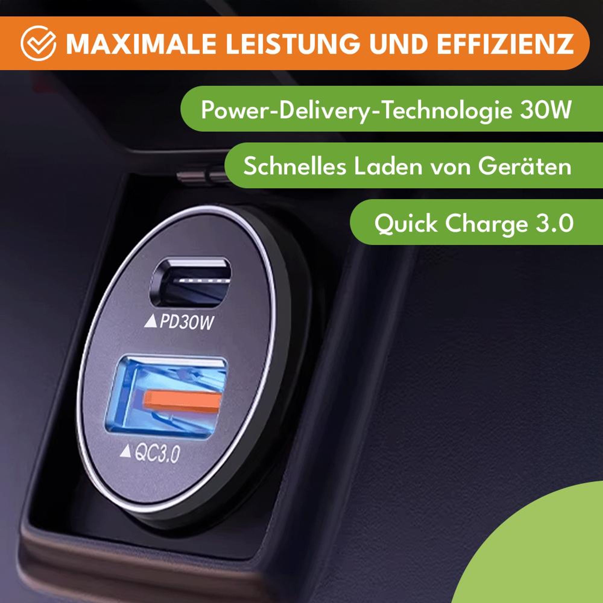 KRUMAD Auto Ladegerät USB-C PD 30W + USB-A QC 3.0, Dual Port Schnellladegerät 52,5W für Smartphone Tablet, 12V Zigarettenanzünder