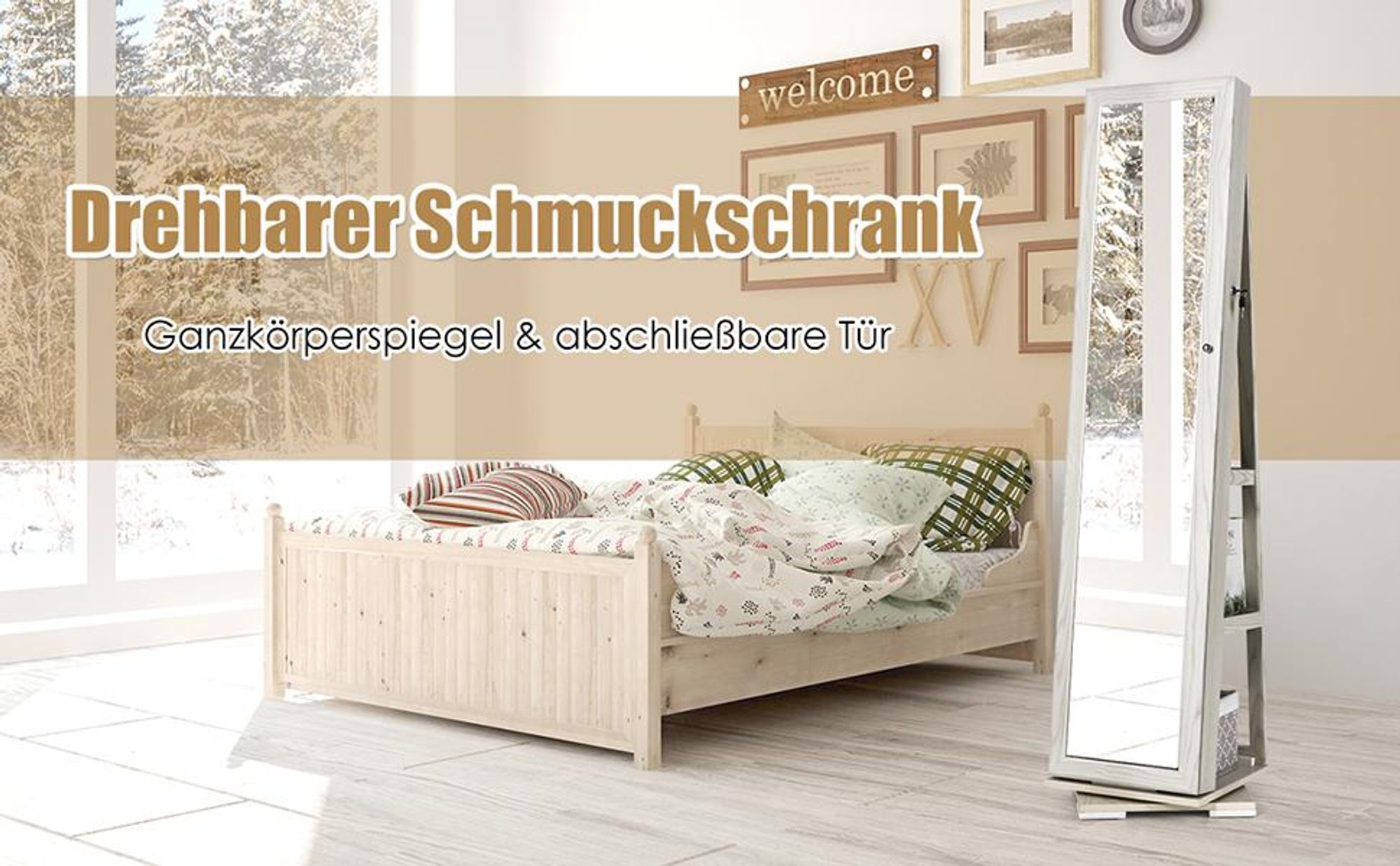 COSTWAY Schmuckschrank, Spiegelschrank mit Ganzkörperspiegel & eingebauter Make-up-Spiegel, 360° drehbar, abschließbar, Schmuck-Organizer Weiß