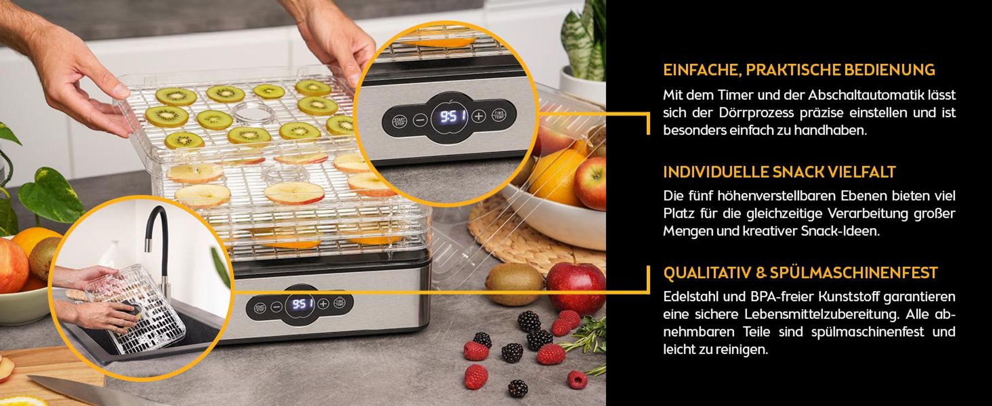TZS First Austria Dörrgerät 240W, Dörrautomat mit Temperaturregler, Dampfgarer für Obst, Gemüse, Fleisch, Pilze