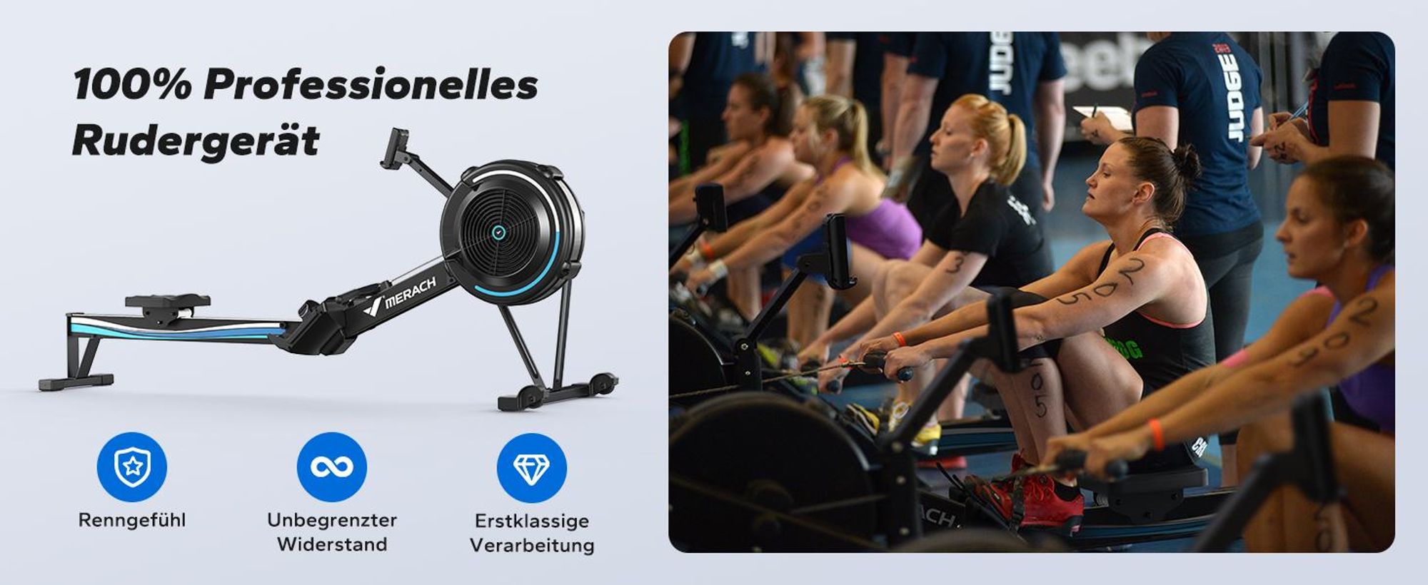 Klappbares Luftwiderstand Rudergerät Merach Bluetooth & LCD, ergonomischer Sitz, verstellbarer Tablet-Halter, bis 158 kg, NovaRow R50