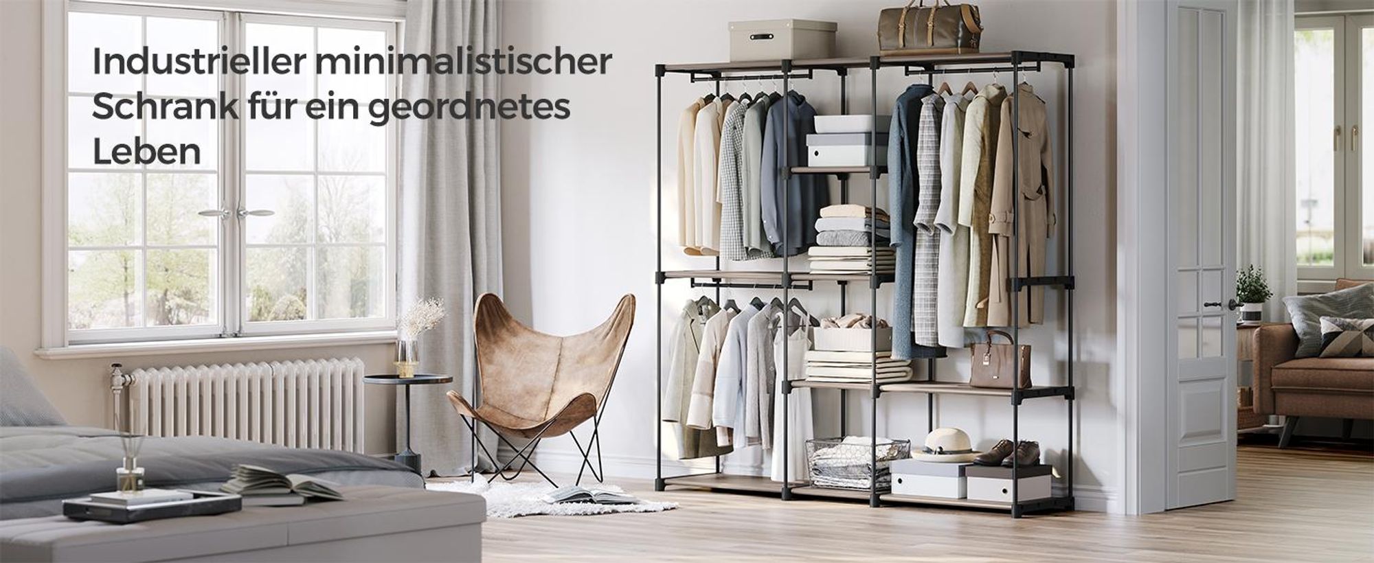 SONGMICS Kleiderschrank, Kleiderständer, freistehende Garderobe, mit Kleiderstangen, Garderobenständer, Stoffablagen, Metallrahmen, 182 x 43 x 182 cm,