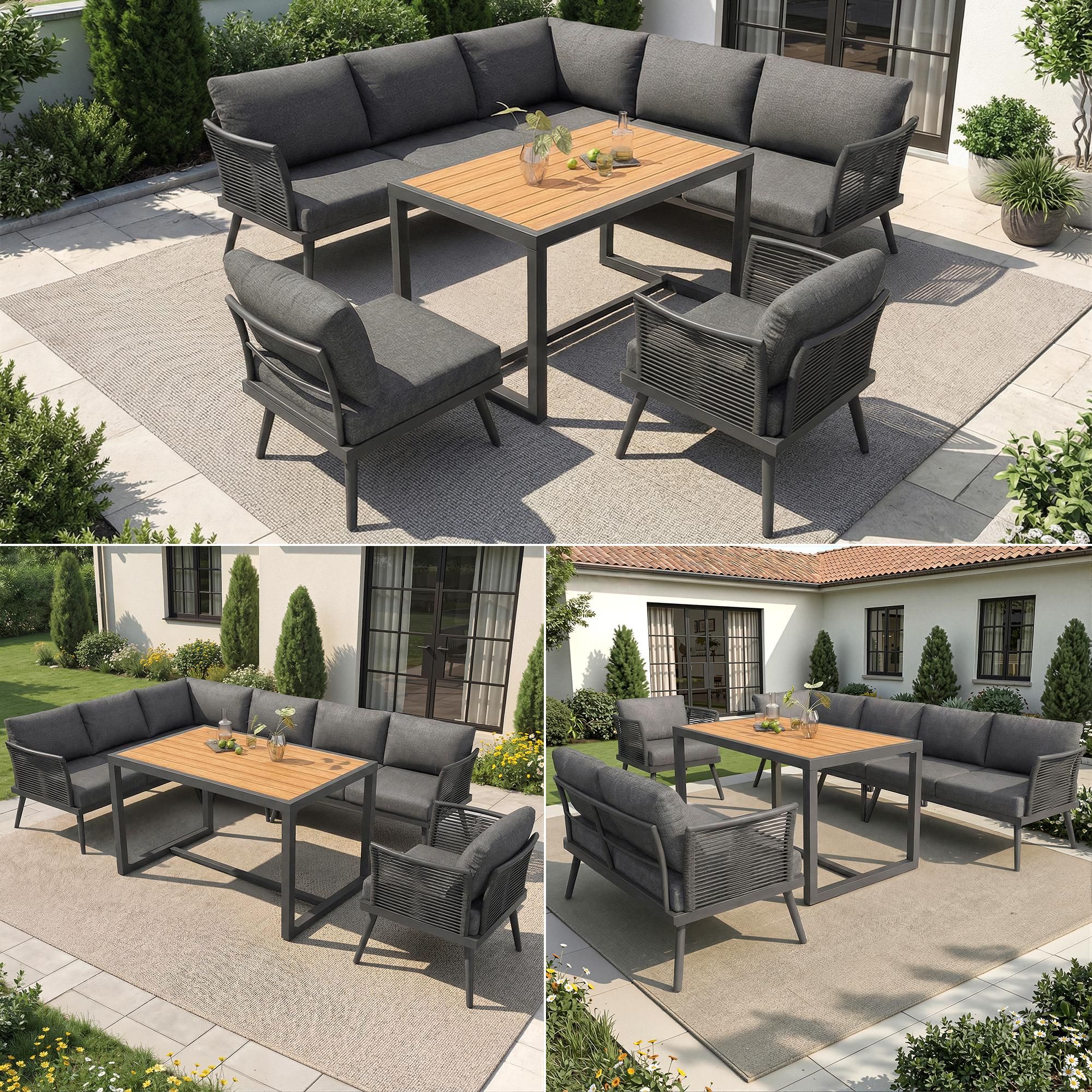 Flieks Gartenmöbel-Sets 6-tlg., Gartensofa mit Ecksofa, Stuhl und Tisch, Gartenlounge-Set Loungemöbel für 7 Personen, Gartengarnitur Sofagarnitur Grau