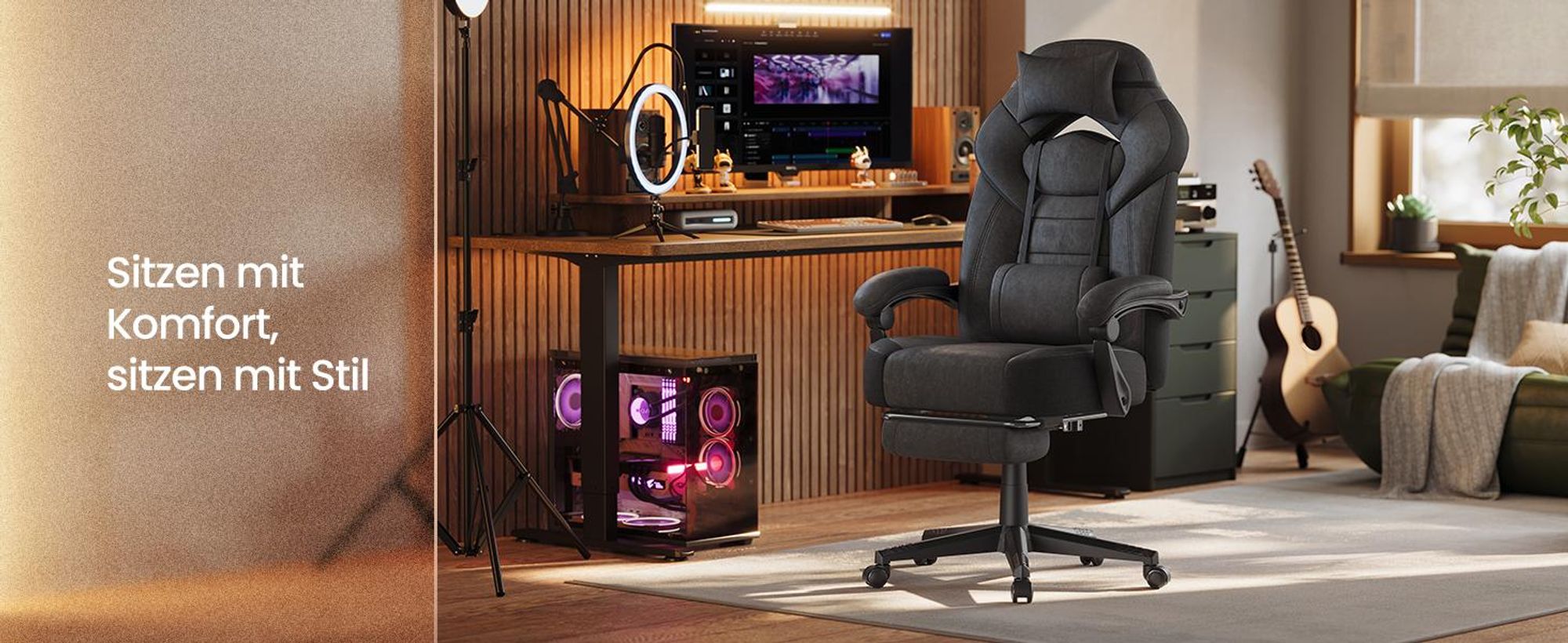 SONGMICS Ergonomischer Bürostuhl mit Fußstütze, Gaming-Stuhl für Home Office, Lendenkissen, Kopfstütze, bis 150 kg, schwarz