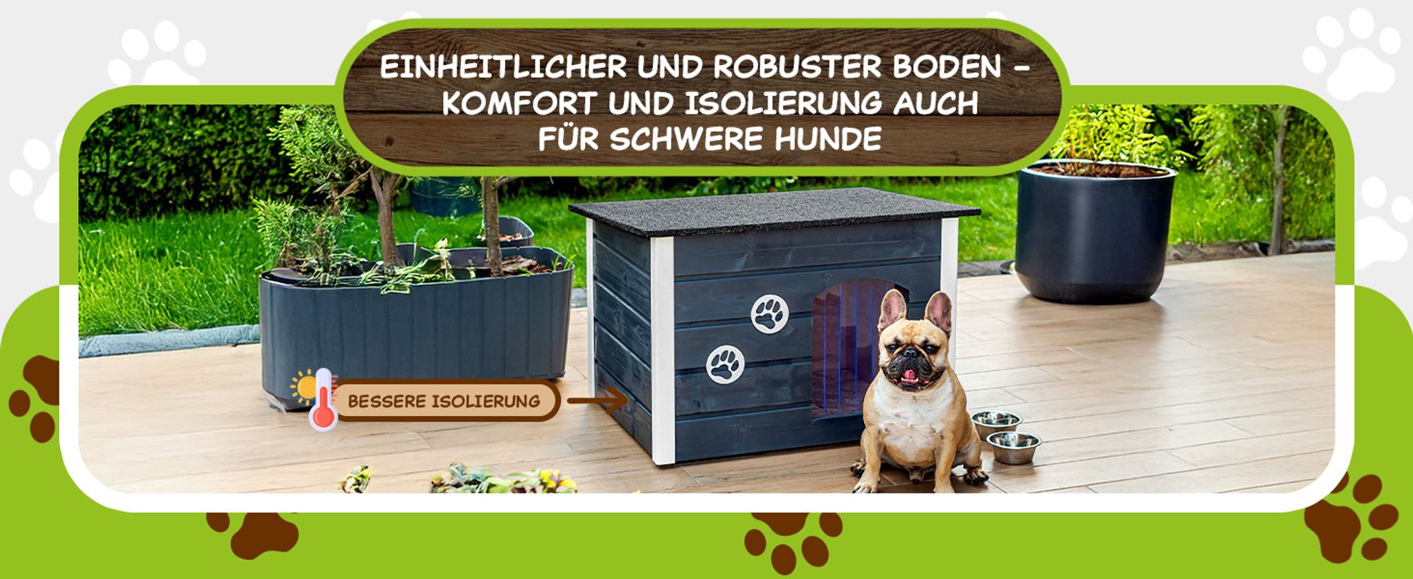 Outentin Hundehütte Outdoor Winterfest – Isoliertes Hundehaus für Mittelgroße Hunde – Wetterfest,Fichtenholz - 40mm Isolierung - 76x60x60cm, Grau