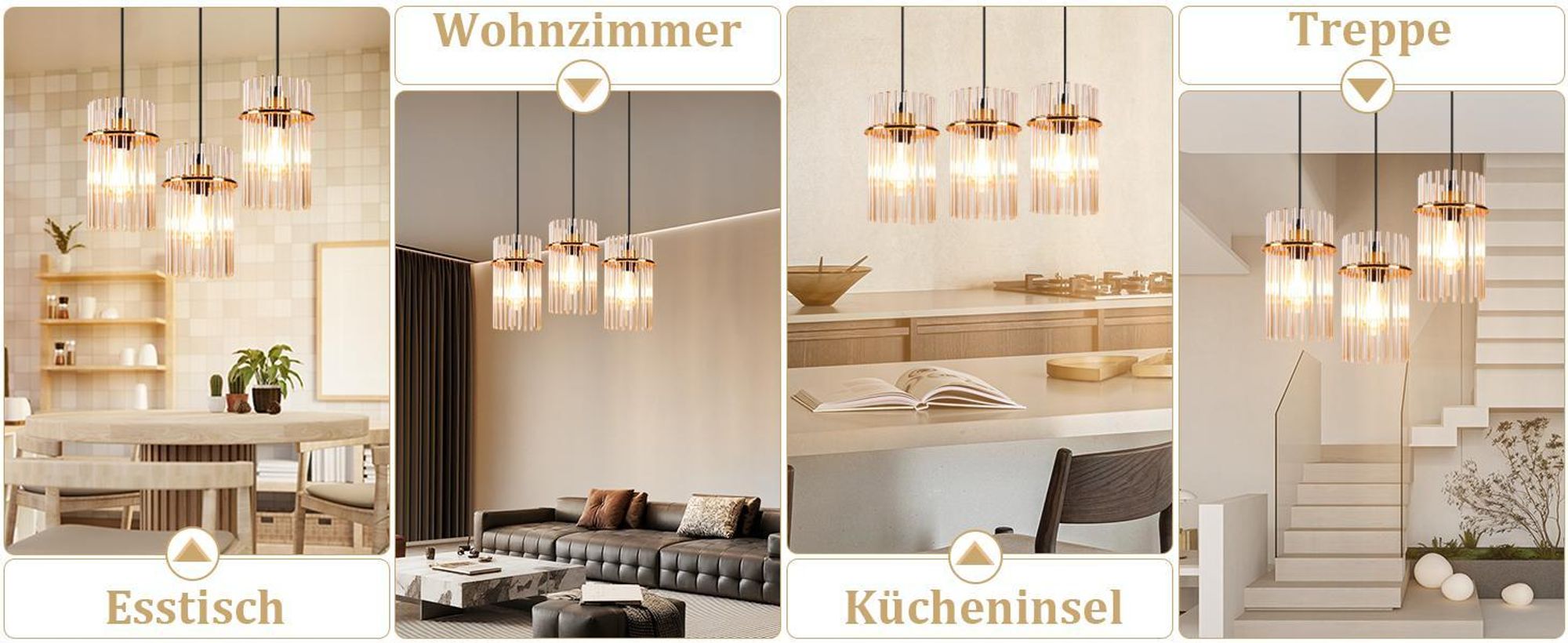 ZMH Pendelleuchte Esstisch Hängelampe 3 Flammig - Hängeleuchte Gold E27 Vintage Esszimmerlampe Hängend aus Glasschirm Ø 16 für Küche Cafe Bar Wohnzimmer (ohne Leuchtmittel)